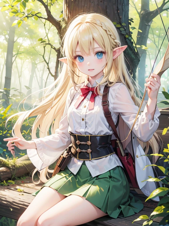 masterpiece, highest quality, Very detailed, 16k, Ultra-high resolution、One ****************, Detailed face、Perfect Fingers, Elf Ears, Small breasts, blue eyes, Blonde, Braid, Green breastplate, Green tight skirt, Carrying a bow on your back, Holding a bow in his left hand, Hold a bow and arrow in your right hand, in the forest, Sitting on the branch of a big tree