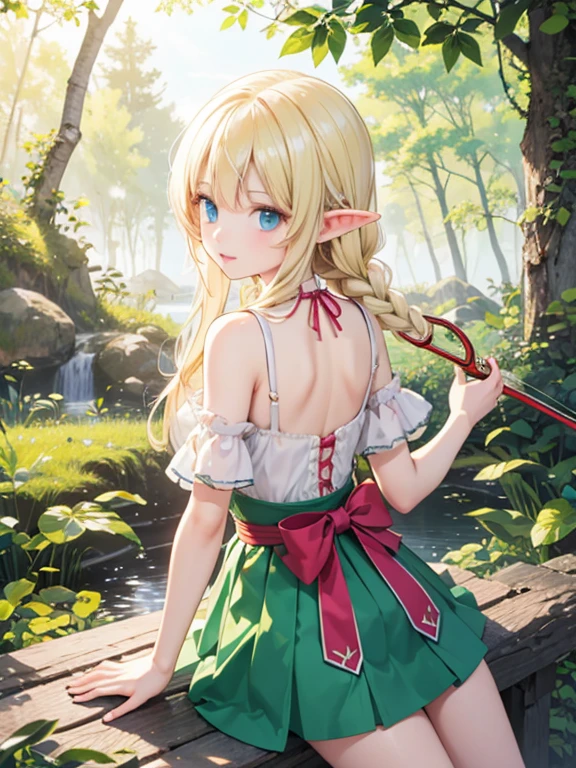 masterpiece, highest quality, Very detailed, 16k, Ultra-high resolution、One -yeld gi Detailed face、Perfect Fingers, Elf Ears, Small breasts, blue eyes, Blonde, Braid, Green breastplate, Green tight skirt, Carrying a bow on your back, Holding a bow in his left hand, Hold a bow and arrow in your right hand, in the forest, Sitting on the branch of a big tree