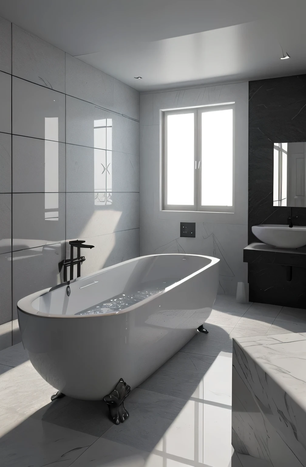 Professional 3d architecture rendering design of modern and French design for bathroom with white bathtub and toilet and black slab stone and modern windows