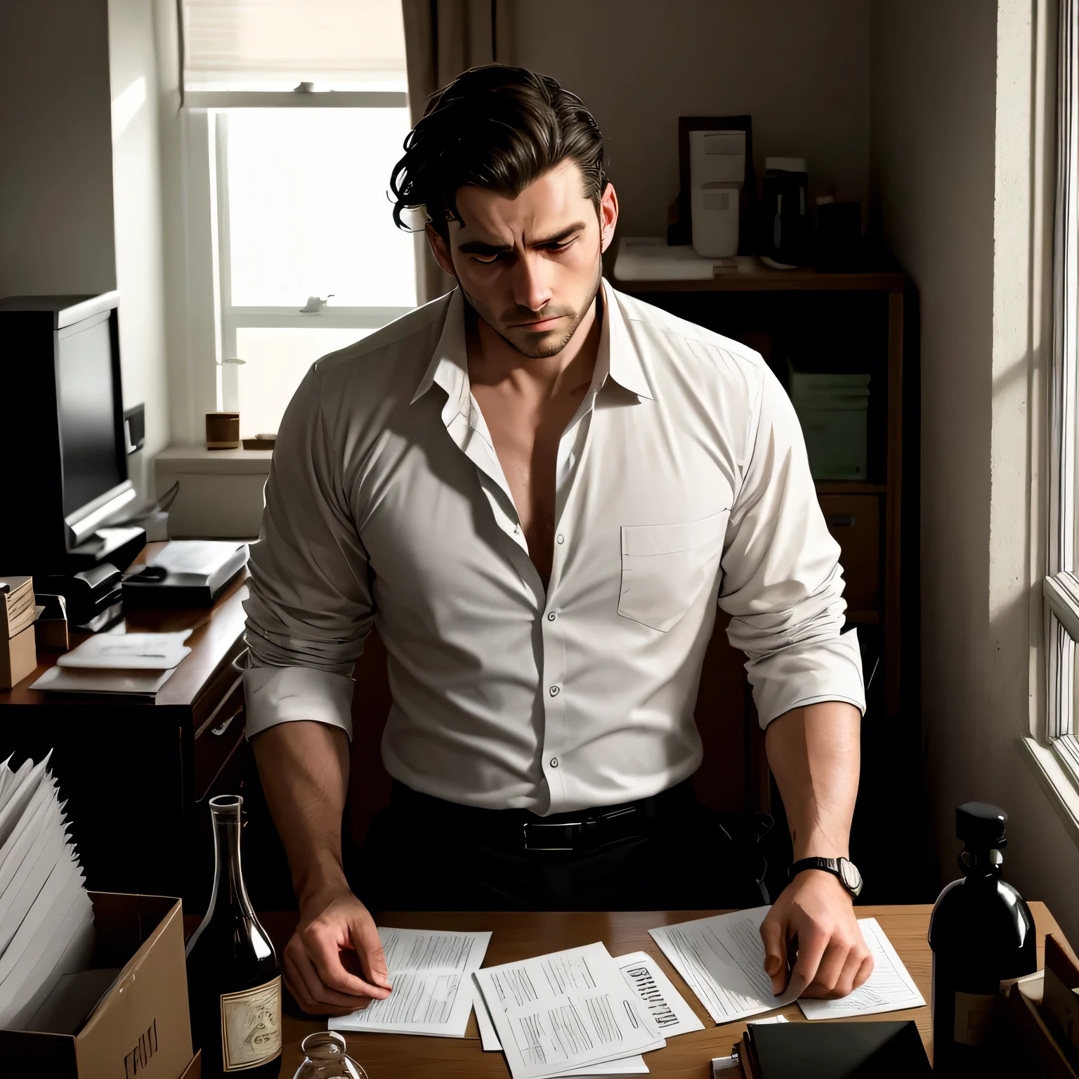 A troubled male with haggard features and furrowed brow stands before a dimly lit room, bathed in the dim glow of a single desk lamp. His once sharp suit is now rumpled and wrinkled, and the polished shoes he once wore with pride sit neglected at the foot of the bed. The harsh lines of his face are etched with worry, and his pale, drawn skin speaks of sleepless nights and missed meals. His hands, clenched into fists, rest on his lap, their veins visibly bulging under the thin layer of skin. The room around him is a mess of paperwork and empty bottles, a testament to his mounting debt. His eyes,
