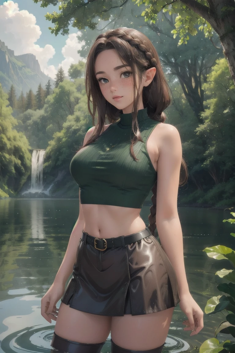 elf girl, master piece, mountains, forest, chilling in lake, kneeling in water, leather straps, one piece green sweater, blushing, freckles, wide hips, slim waist, thick thighs, hourglass shape, masterpiece, best quality, sfw, mature 26 year old woman, eleagant lake, tranquility fills the morning air, dew on trees and lake, slightly foggy, brown hair, thigh high leather boots, standing in water, moist face, bare shoulders, sleeveless top, leather belt, vast open lake, vary large lake, beutiful reflection, god rays coming through clouds, wavy hair, mouth open, shiny. lips, mist and dew elegantly falling over lake, slightly overcast, braided hairband, beutiful round eyes, very early in the morning, doe eyes, inocent, content, peaceful happy, on knees in water, water coming out of mouth, spitting water, lots of water in mouth, looking up at viewer, from below, water spilling down side of mouth and onto chin, mouth open tongue out,