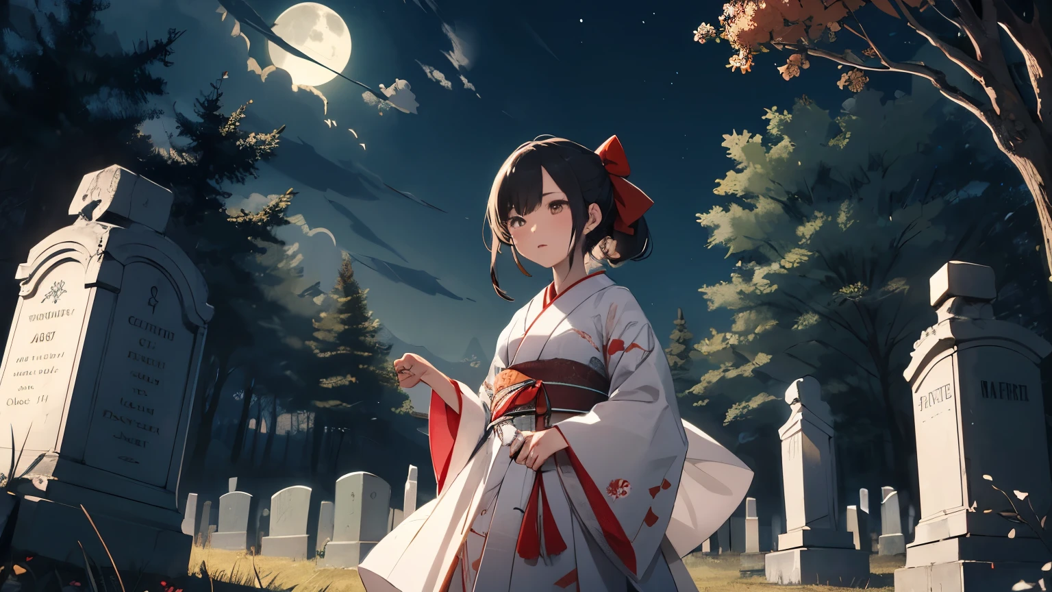 Asian ghost female, white dress, night, full moon, headstone, skull, hovering, red ribbon, kimono, forest