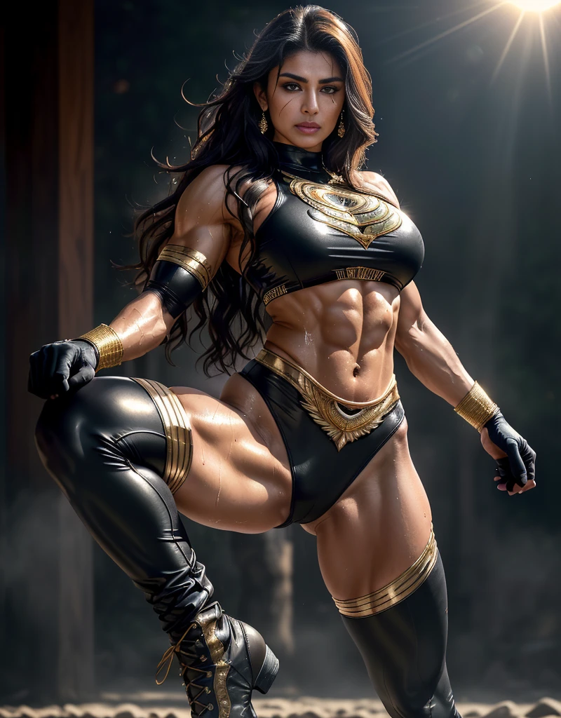 older pakistani woman, , queen muscular fresh model ,standing fighting pose, kicking,mask ,shredded muscular, wearing thigh high socks and boots, wearing skin tight shirt and leather leggings, (A stunning God-like beauty), (striking facial features, detailed hair) , amazing stunningly beautiful,, wavy shiny hair, golden wet skin shining, full body portrait, glamour, perfect soft curves, perfect body, perfect , full wet lips, perfect extremely detailed toned body, six pack, ultra realistic, sun, 8k uhd, dslr, soft lighting, high quality, volumetric lighting, candid, photograph, high resolution, 4k, 8k, bokeh, ultra realistic