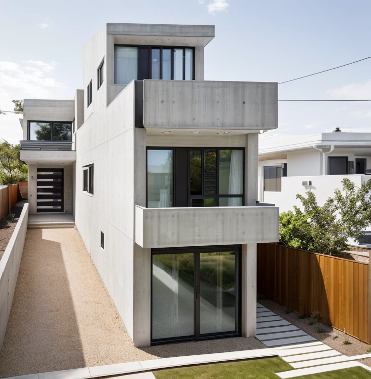 A modern house with a blend of contemporary materials like glass stands elegantly in front of a sidewalk and a road. This house exudes simplicity and sophistication through its clean lines and functional design.

The exterior of the house showcases a modern architectural style, predominantly employing glass and metal as its primary construction materials. The walls may be made of sleek concrete or smooth, minimalist panels. The clean geometric shapes and large windows allow ample natural light to flood the interior, giving an open and airy feel to the house.

Surrounded by a sidewalk and a well-kept road, the house integrates seamlessly with its urban setting. The sidewalk provides a pedestrian-friendly space, while the road offers accessibility for vehicles. The minimalistic landscaping complements the modern aesthetic of the house, creating an inviting and stylish presence within the neighborhood.
