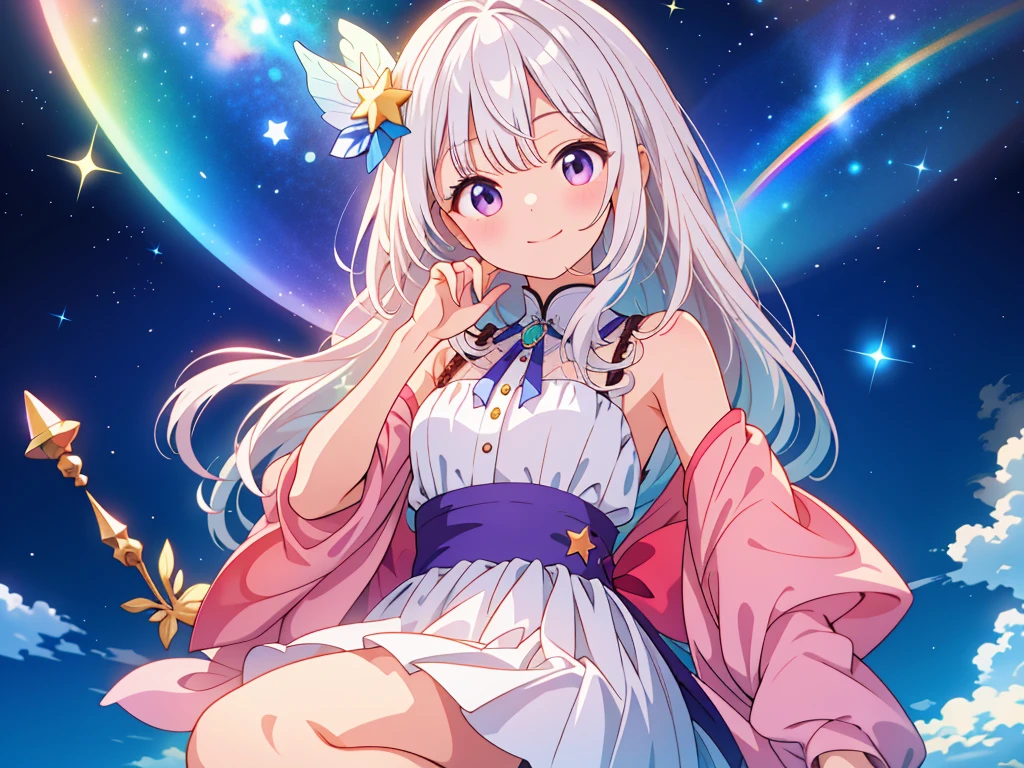 highest quality、Masterpiece、Official Art、16K、The best composition、A star fairy playing on a rainbow in the sky as a slide、cute、Face close-up、Milky white hair color with seven-color mesh color、Fractal Art、
