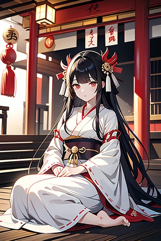 masterpiece、Black Hair、Straight Long、Beauty、A woman in a Japanese-style shrine maiden outfit、Wearing a knee pillow、The man resting his head on her lap is a man in traditional Japanese clothing.、Two people、One man and one woman、Late teens、The costume is black and white、Man lying on his back