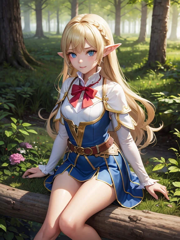 masterpiece, highest quality, Very detailed, 16k, Ultra-high resolution、One 14-year-old girl, Detailed face、Perfect Fingers, Elf Ears, Small breasts, blue eyes, Blonde, Braid, Green breastplate, Green tight skirt, Carrying a bow on your back, Bow in the left hand, Bow and arrow in right hand, in the forest, Sitting on the branch of a big tree