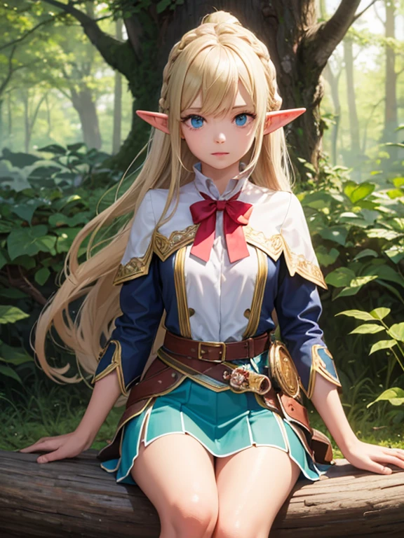 masterpiece, highest quality, Very detailed, 16k, Ultra-high resolution、One -yeld gi Detailed face、Perfect Fingers, Elf Ears, Small breasts, blue eyes, Blonde, Braid, Green breastplate, Green tight skirt, Carrying a bow on your back, Bow in the left hand, Bow and arrow in right hand, in the forest, Sitting on the branch of a big tree