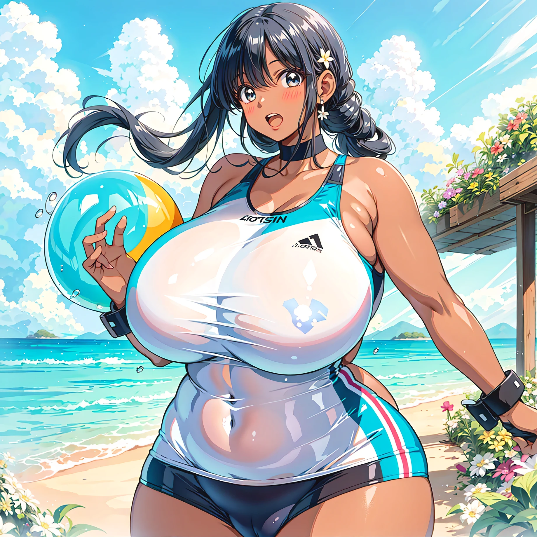 an overweight woman with balloons on and a large sports bra on in a race track, 1girl, breasts, dark skin, covered navel, dark-skinned female, thighs, covered nipples, black hair, solo, long hair, looking at viewer, huge breasts, cameltoe, one-piece swimsuit, open mouth, outdoors,Masterpiece Top Quality One Girl Adorable black beautiful girl. (((gigantic breasts)))