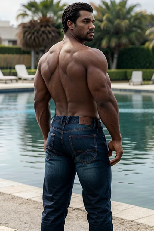 Un hombre negro con la cara se parece a Henry Cavill. Black man, Su cuerpo es musculoso y pectoral definido. paquete de seis. ingle. Cochas, pelo contra el viento. barba dentada. Big butt, in a moment of reflection. Full body. Fajado, gris Jeans backside. bent over