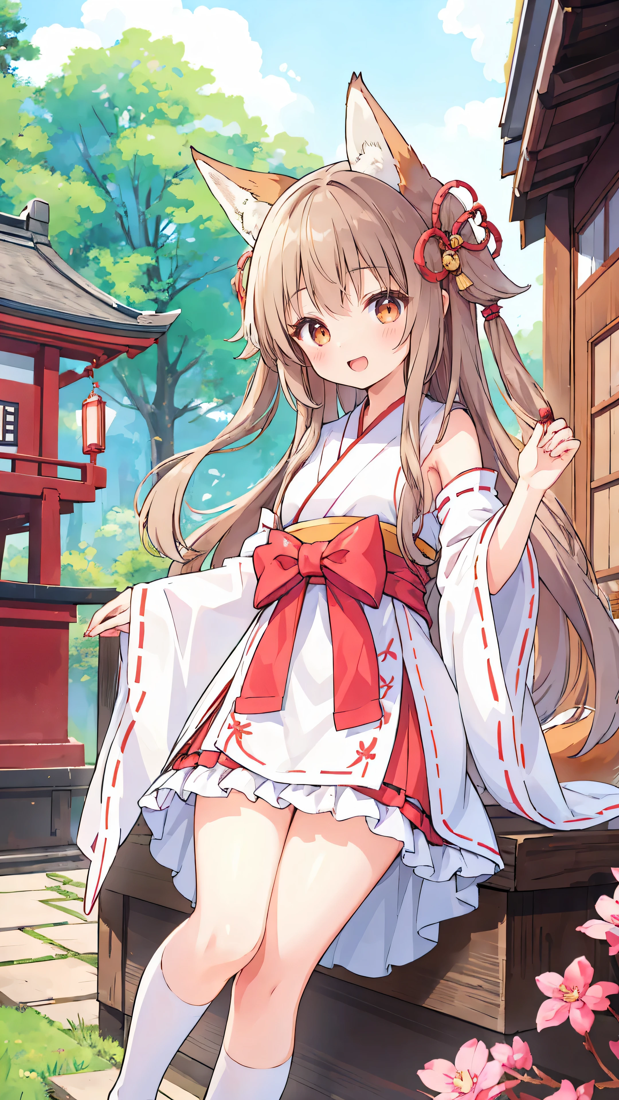 Very cute girl、18-year-old、(White Hair)、Shrine maiden costume、Brown Hair、Long Hair、Small fox ears