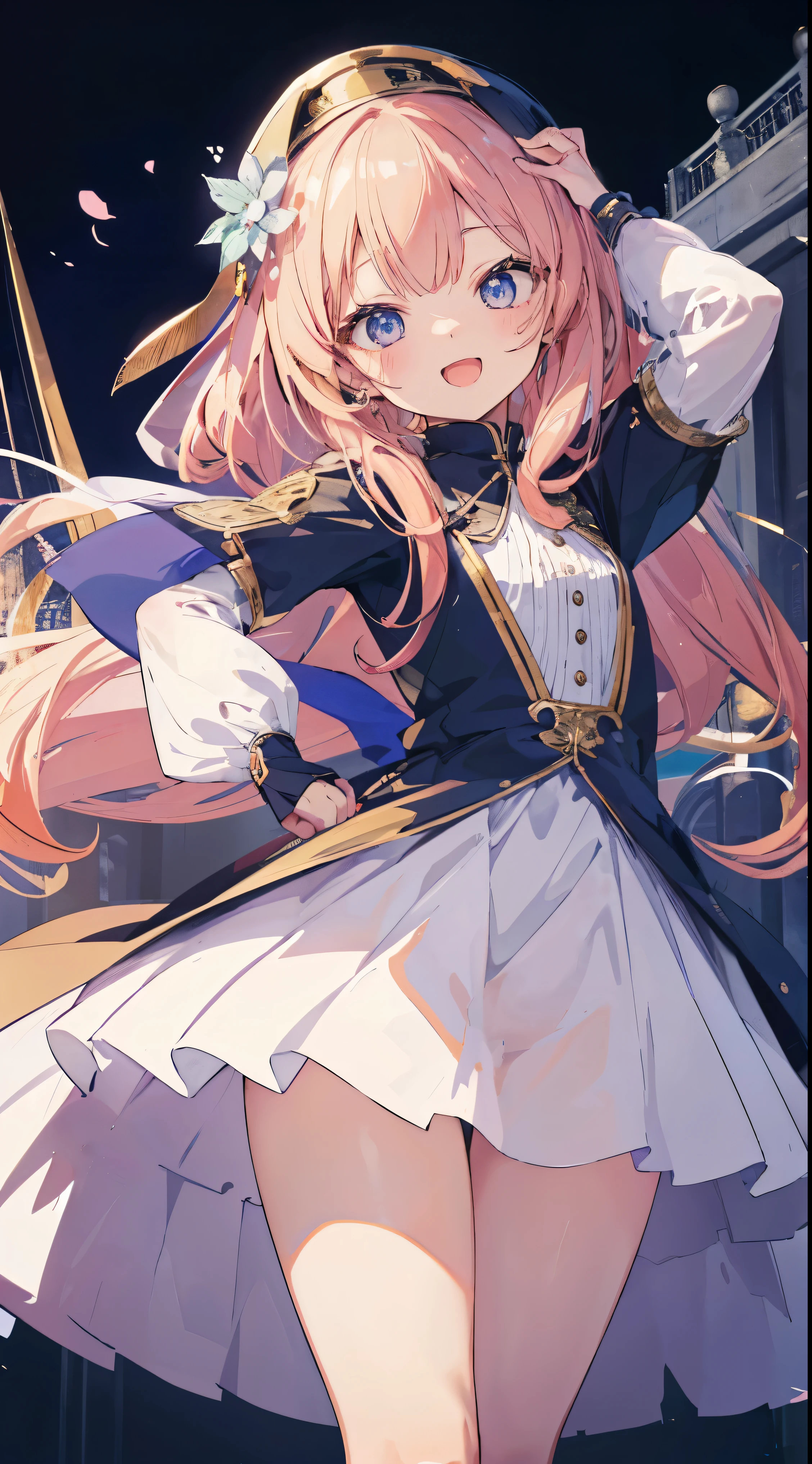 Masterpiece、Highest quality、highest quality、((((Petite))))、(Open Mouth Smile)、Shiny hair quality、Small face、Dynamic pose、Super detailed, beautiful, wide eyes、Ultra-detailed, clear and beautiful faces、(cute illustration:1.2), High-resolution, ultra-detailed, best quality, embarrassed、Thighs、cute