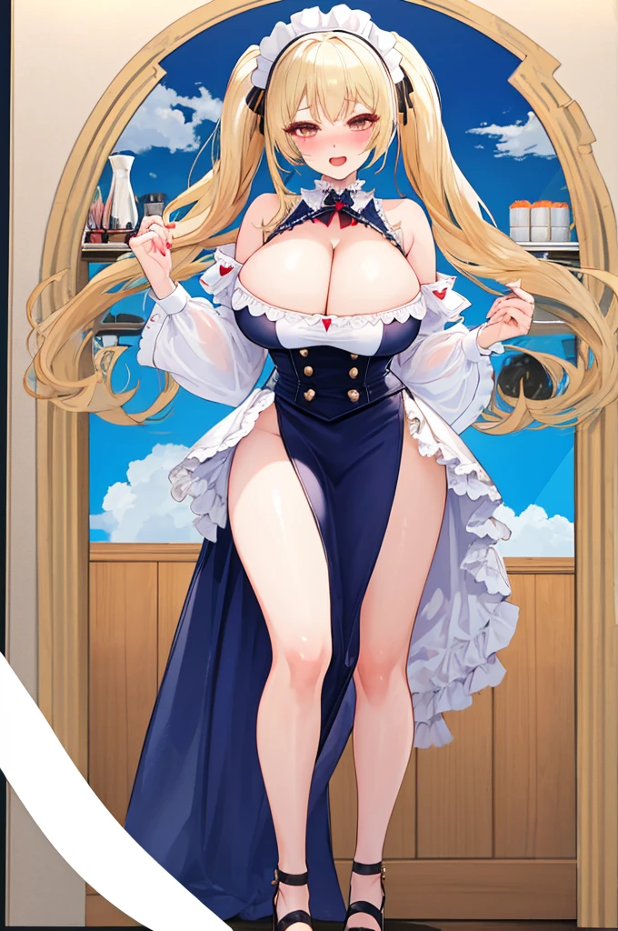 A woman with big ，Gorgeous woman，Mature，ahegao，Long blond hair，twintails，Exquisite，(((transparent)))，sky blue，Off-shoulder，Cleavage，Leakage，Slim waist，pubic，Smooth legs，blush，Lolita，Maid coffee shop，