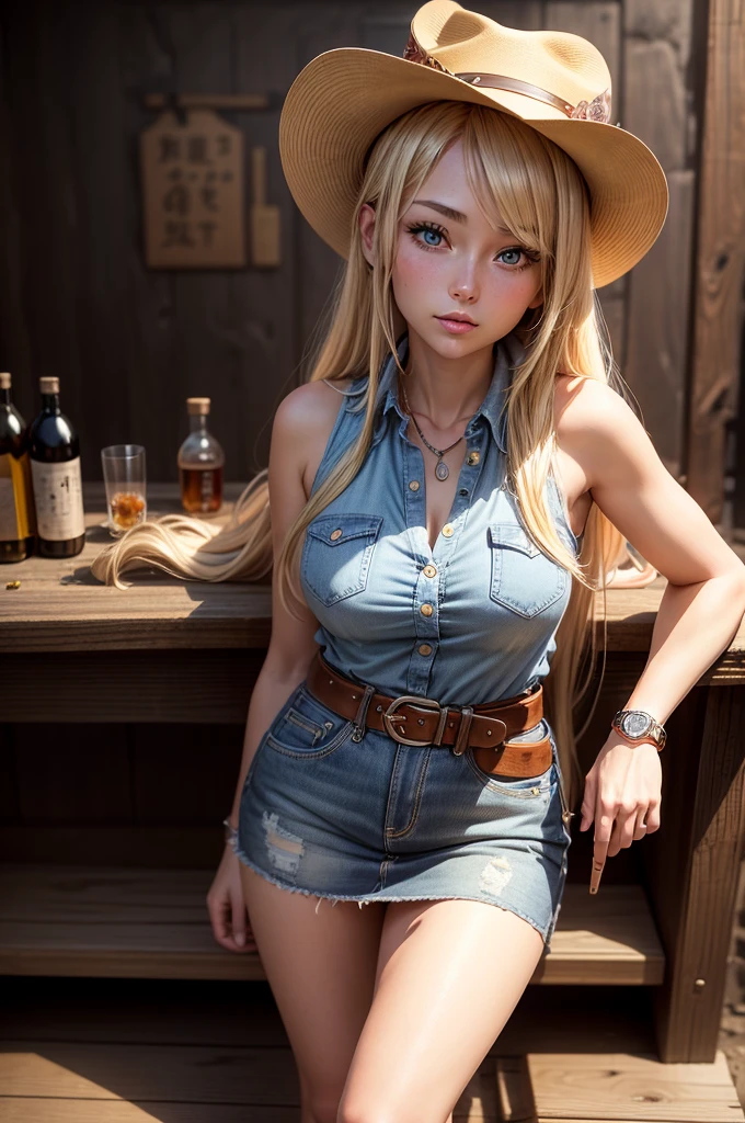 One 27-year-old girl, ((alone:1.5)),Blonde medium-long hair,Cowgirl Costume,gun belt,watch, Sleeveless collared shirt:1.8,Denim mini skirt:1.8,Cowboy hat, Blushing:1.2, Perfect light, 8k, masterpiece:1.2, Very detailed, Realistic:1.37, Full HD, Underground sake cellar,(Full body shot:1.3),(Leaning on the counter:1.2),((Drinking whiskey)),((Being drunk:1.0))