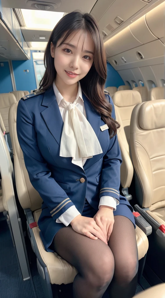 (8K, best quality, masterpiece:1.2), (realistic, photo-realistic:1.37), (high color saturation:1.0), (highly detailed skin), (highest quality:1.0), (ultra high resolution:1.0) ,(realistic:1.0), (Super detailed:1.0), (8K, Raw photo:1.1)、standing random pose, smiling, natural breast, perfect lighting, 3girls, 24years old, (mysterious), clear and detailed, ((ANA_Cabin Crew, blue flight attendant_uniform)), beige pantyhose, (aircraft, aircraft seats), cute face, squat , (pick up handkerchief),