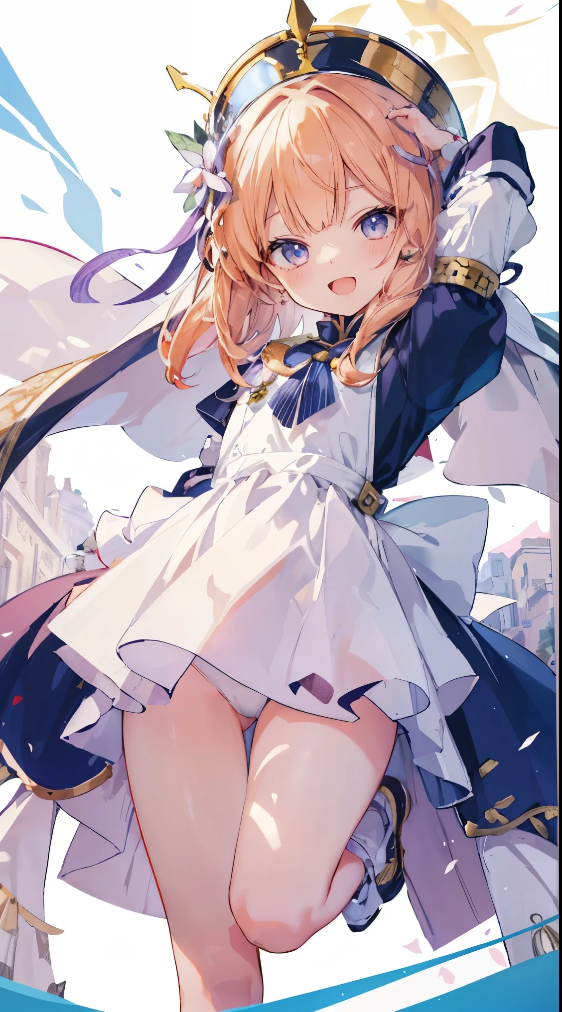 Masterpiece、Highest quality、highest quality、((((Petite))))、(Open Mouth Smile)、Shiny hair quality、Small face、Dynamic pose、Super detailed, beautiful, wide eyes、Ultra-detailed, clear and beautiful faces、(cute illustration:1.2), High-resolution, ultra-detailed, best quality, embarrassed、Thighs、cute
