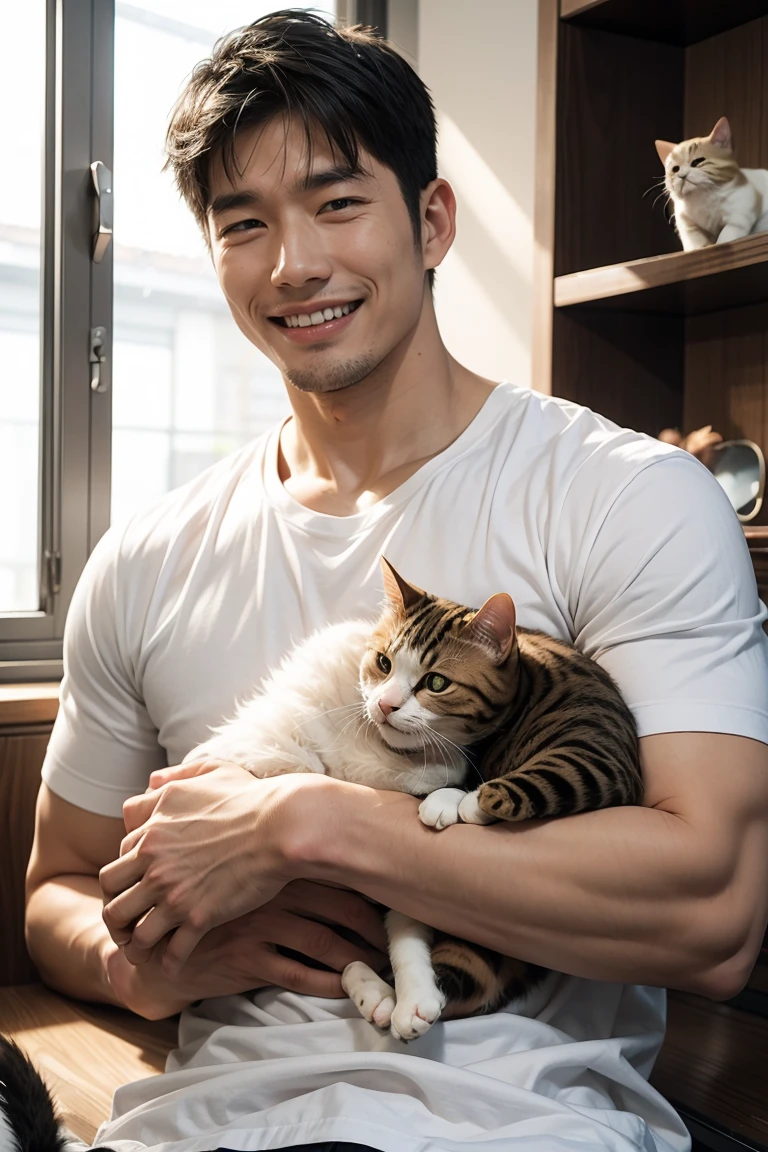 handsome, stalwart ,Smiling Korean man wearing underwear holding a cat. In a cat café