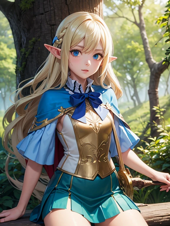 masterpiece, highest quality, Very detailed, 16k, Ultra-high resolution、One -yeld gi Detailed face、Perfect Fingers, Elf Ears, Small breasts, blue eyes, Blonde, Braid, Green breastplate, Green tight skirt, Extremely lightly dressed, Carrying a bow on your back, Bow in the left hand, Bow and arrow in right hand, in the forest, Sitting on the branch of a big tree