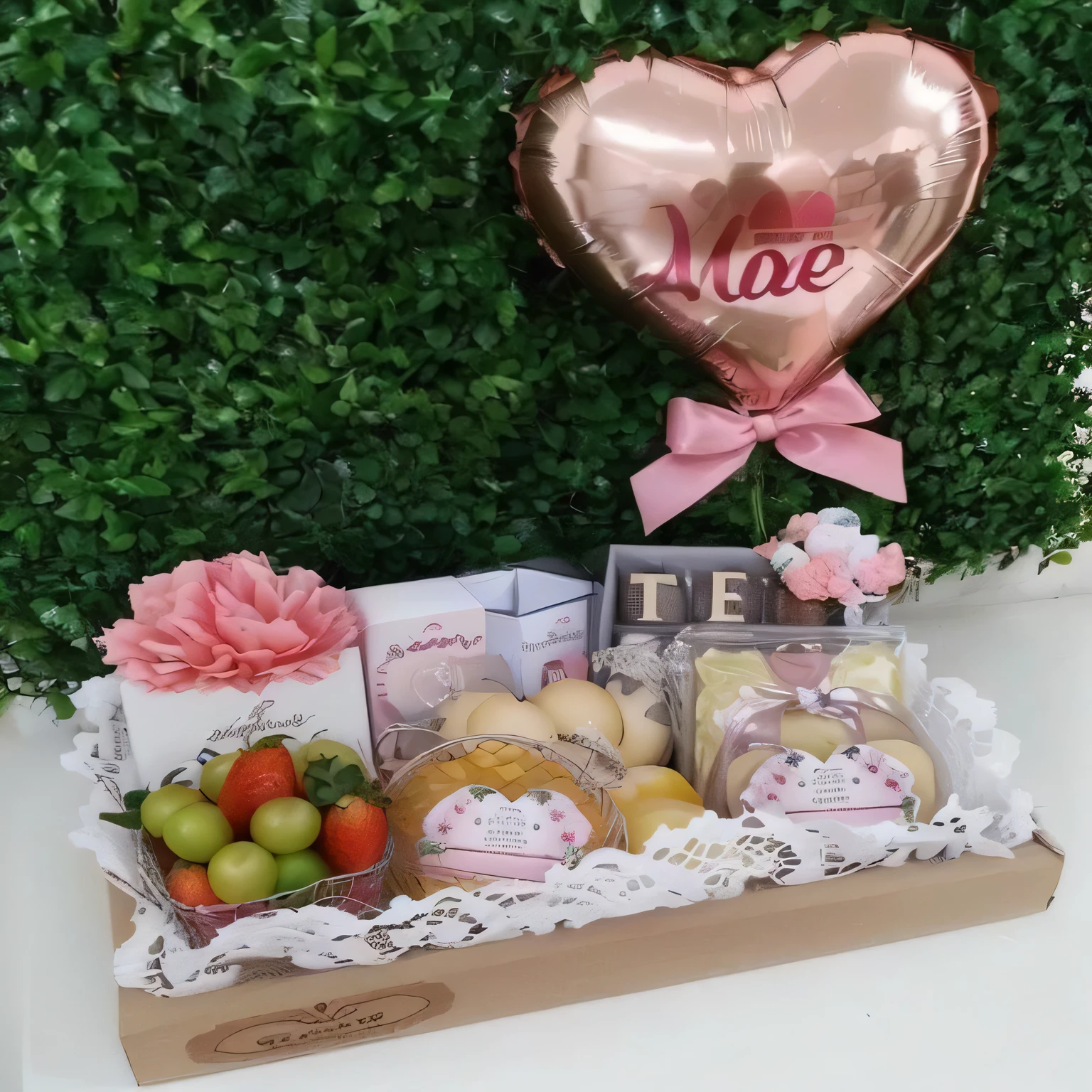 there is a box with a heart-shaped balloon and a basket of fruit, 🎀 🗡 🍓 🧚, ( pronto - feito ), romantic theme, presentes, totalmente decorado, em uma bandeja de madeira, 🐿🍸🍋, adorable and cute, doces, pastel&#39;, 🎀 🧟 🍓 🧚, por Eden Box, 🐝👗👾