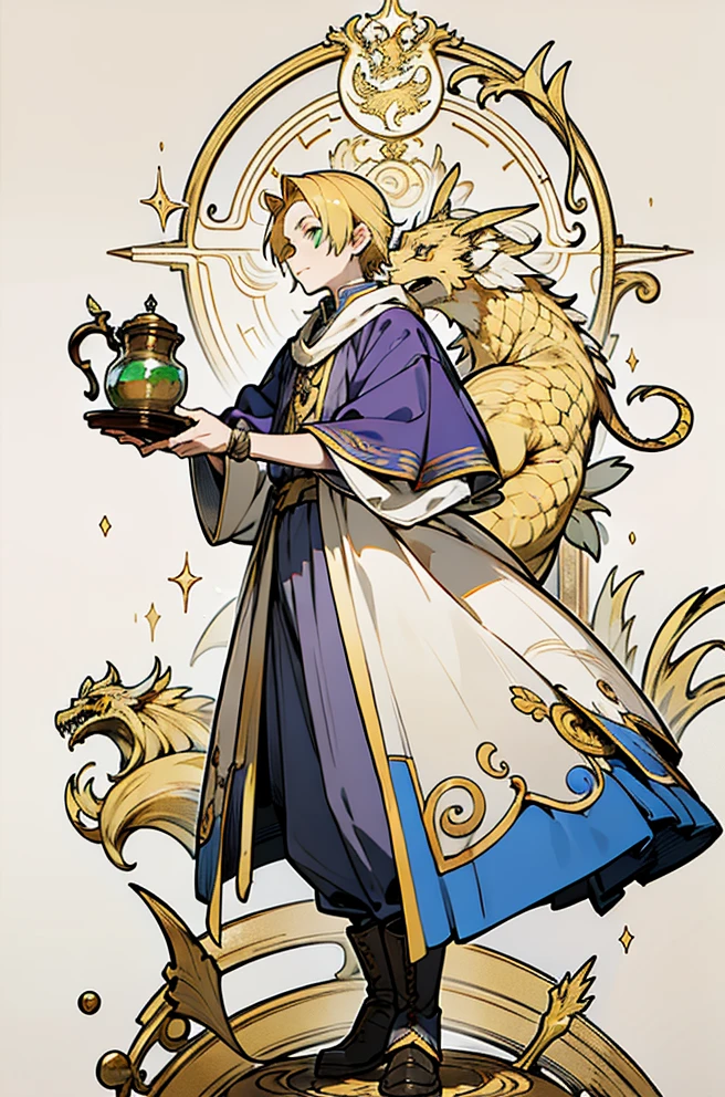 (best quality,4k,anime-realistic:1.37),handsome boy, magical eyes intense green verses, magic, fantasy, children's fairy tales, golden blonde hair, magical atmosphere, haughty look, golden dragon scales on the arms, just a few, white skin, background of a purple dragon, emeralds background decoration, holding a jar with a small magic humunculus, alchemy, alchemist, haughty look, short boy, medieval alchemist clothes, boots, magic alchemist accessories, detailed alchemist costume, short golden blonde hair, haughty expression, challenging pose