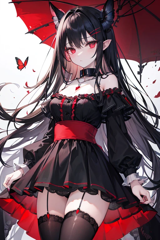 Expressionless,,(Dark Fantasy),((Wonderful Illustration)),(Detail Splash), long black hair, red pupils, girl, pure black dress, only the collar, cuffs and skirt are dark red, ears Pinned to the side is a red butterfly barrette, masterpiece, best quality, high quality, headpiece,, red and black crystal necklace, black knee socks