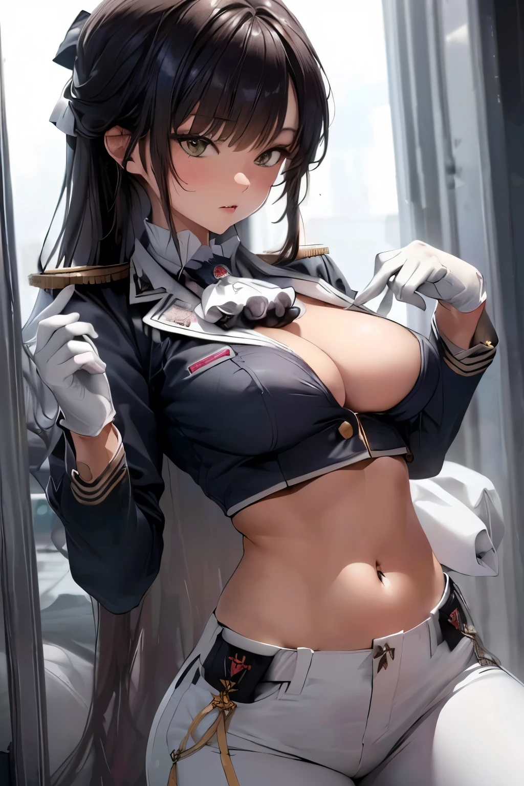 1female，35yo，plumw，extremely large bosom， 独奏，（Background with：Huge machinery，droid，aerodrome，Planes，Huge mechanical armor，） She has very short black hair，bobo head，Stand on the plane，，seen from the front， hair straight， mostly cloudy sky，（（（tmasterpiece），（Very detailed CG unity 8K wallpaper），best qualtiy，cinmatic lighting，detailed back ground，beatiful detailed eyes，Bright pupils，Blue eyes，Snow-whiteskin，Redlip（Very fine and beautiful），（Beautiful and detailed eye description），ultra - detailed，tmasterpiece，））facing at camera，A high resolution，ultra - detailed），revealing breasts，Bare genitalia，  Bulge，legs are open，Raised sexy，Camel toes，Flushed complexion，Desire for dissatisfaction，frontage，British Air Force，Aviator，Officer's cap（Wearing：blazer jacket，tailcoat，White color blouse，a black bowtie，Black pantyhose，Bare breasts）