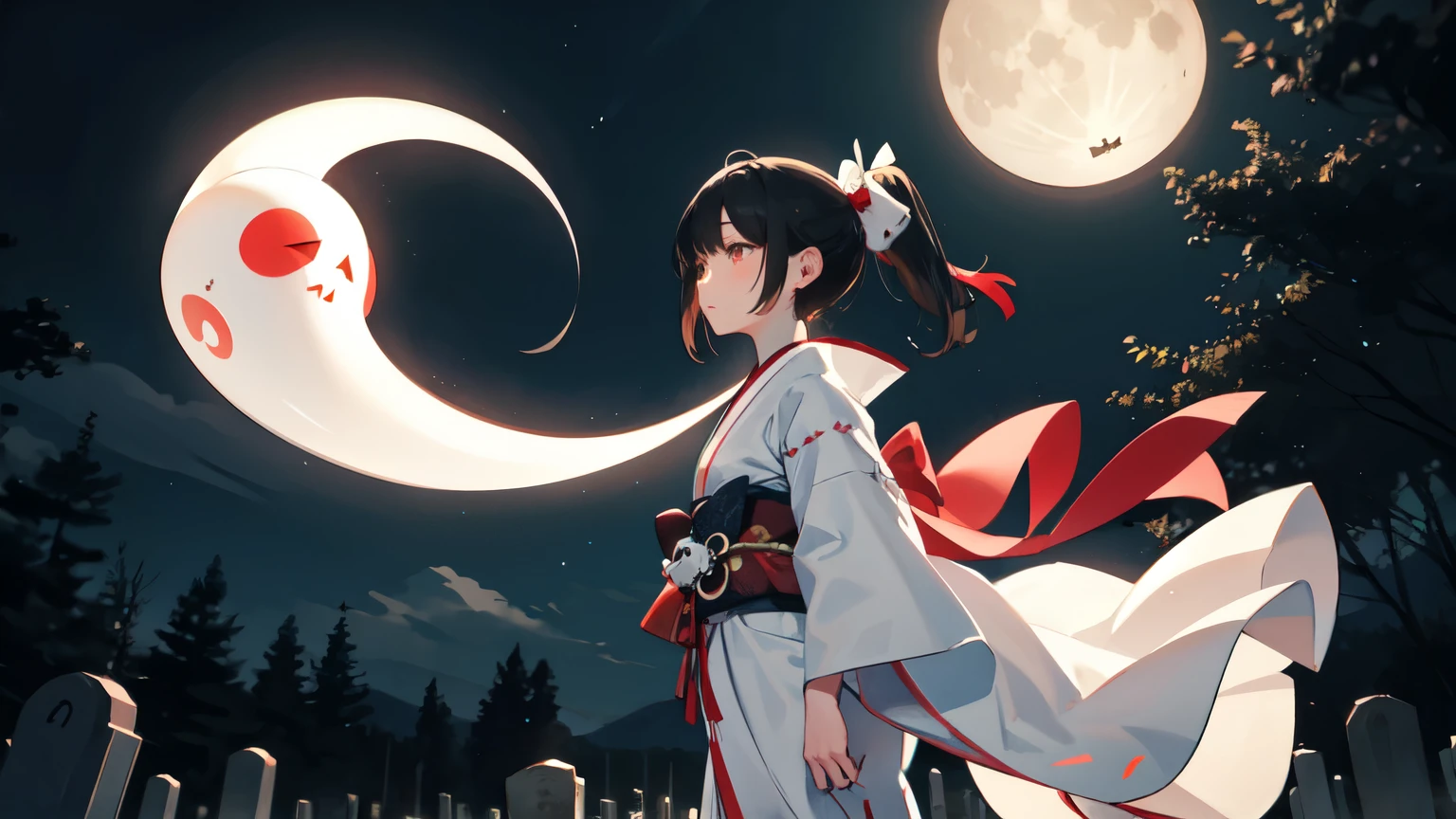 Asian ghost female, white dress, night, full moon, headstone, skull, hovering, red ribbon, kimono, forest