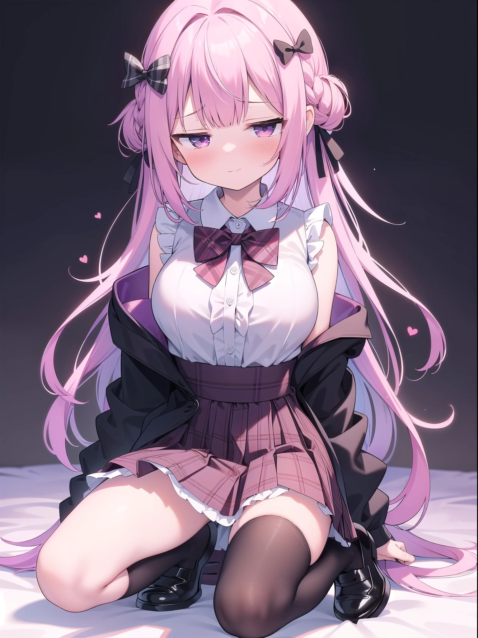 Shoulder-baring, side-boob, side-boob, large breasts,High Resolution 1girl Ahoge Bobby_pin bow bowtie braid brOwn_目s collared_shirt dojikko_Temporarily stop_shirt frilled_shirt_Color Free Joint_skirt frills hair_bow hair_ornament hairpin hand_in addition_Own_head, heart, heart_hair_Decorative hood_jacket jacket lin additiong_Pentagon Pink_hair plaid plaid_Ribbon Check_Pleated skirt_skirt shirt shoelaces shoes simple_background sitting skirt solo star_(symbol) twin_Braided Warisa White_Background white_Knee socks, whole body