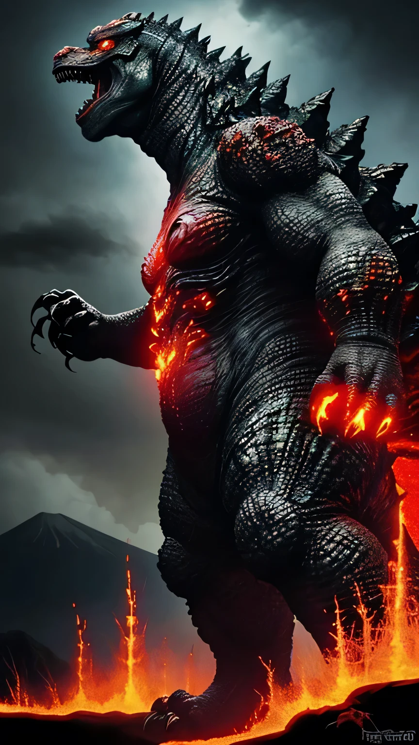 A scary godzilla but made of lava with legendary power