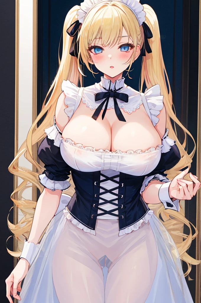 A woman with big ,Gorgeous woman,Mature,ahegao,Long blond hair,twintails,Exquisite,(((transparent))),sky blue,Off-shoulder,Cleavage,Leakage,Slim waist,pubic,blush,ta,Victorian style,Maid coffee shop,