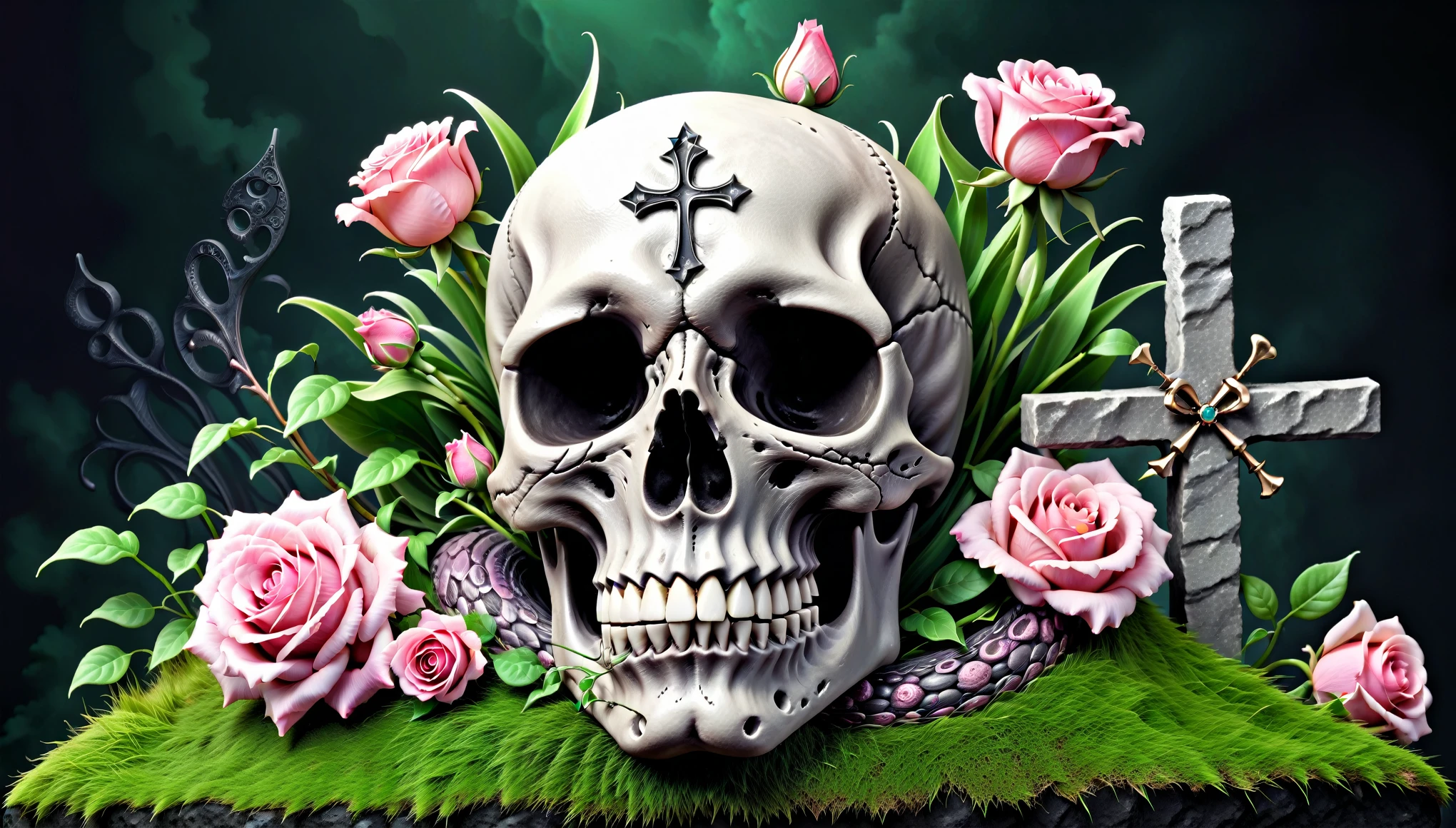 dark background, gothic style, fantasy mystical human skull in pink roses flowers, a granite cross is located behind the skull, and grass is growing up around it, a green scaley snake slithers at the bottom of the scene