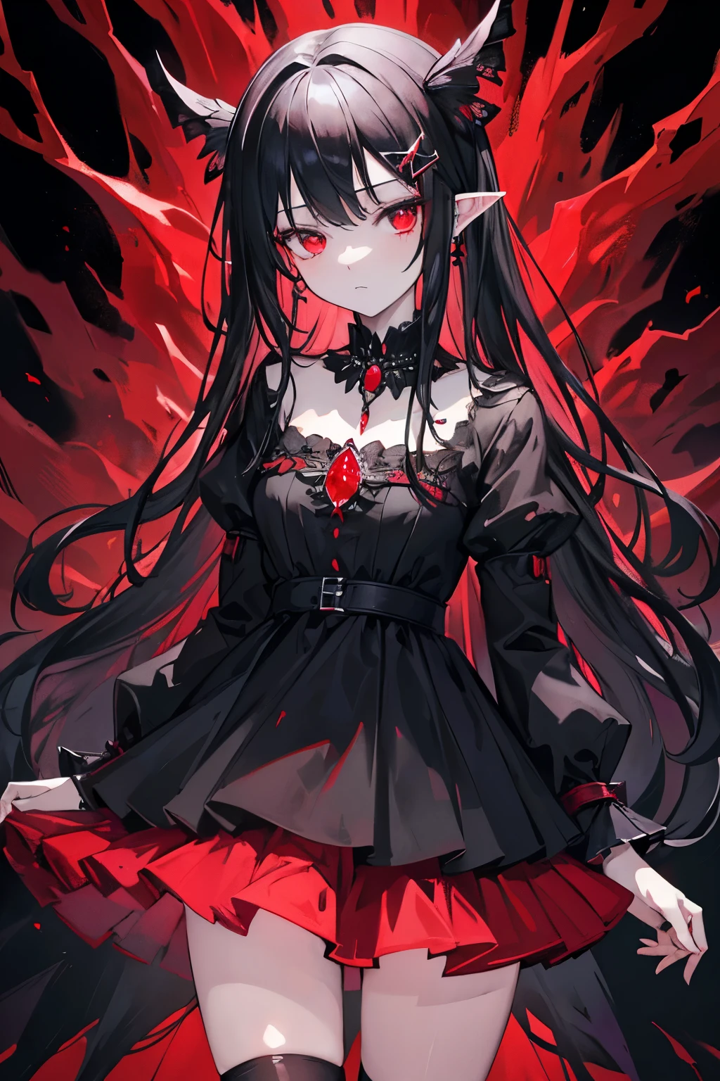 Expressionless,,(Dark Fantasy),((Wonderful Illustration)),(Detail Splash), long black hair, red pupils, girl, pure black dress, only the collar, cuffs and skirt are dark red, ears Pinned to the side is a red butterfly barrette, masterpiece, best quality, high quality, headpiece,, red and black crystal necklace, black knee socks