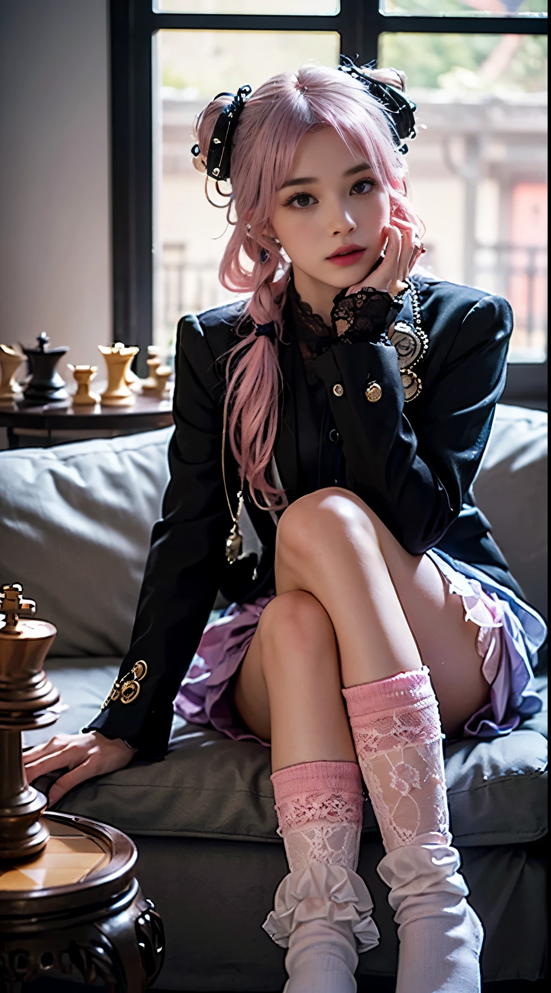 Araffe girl with pink hair sitting on a couch in a room - SeaArt AI