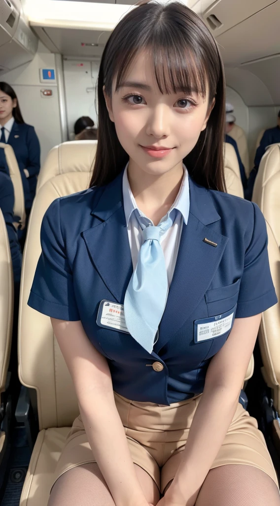  (8K, best quality, masterpiece:1.2), (realistic, photo-realistic:1.37), (high color saturation:1.0),  (highly detailed skin), (highest quality:1.0), (ultra high resolution:1.0) ,(realistic:1.0), (Super detailed:1.0), (8K, Raw photo:1.1)、standing random pose, smiling, natural breast, perfect lighting, 3girls, 24years old, (mysterious), clear and detailed, ((ANA_Cabin Crew, blue flight attendant_uniform)), beige pantyhose, (aircraft, aircraft seats), cute face, squat , (pick up handkerchief), 