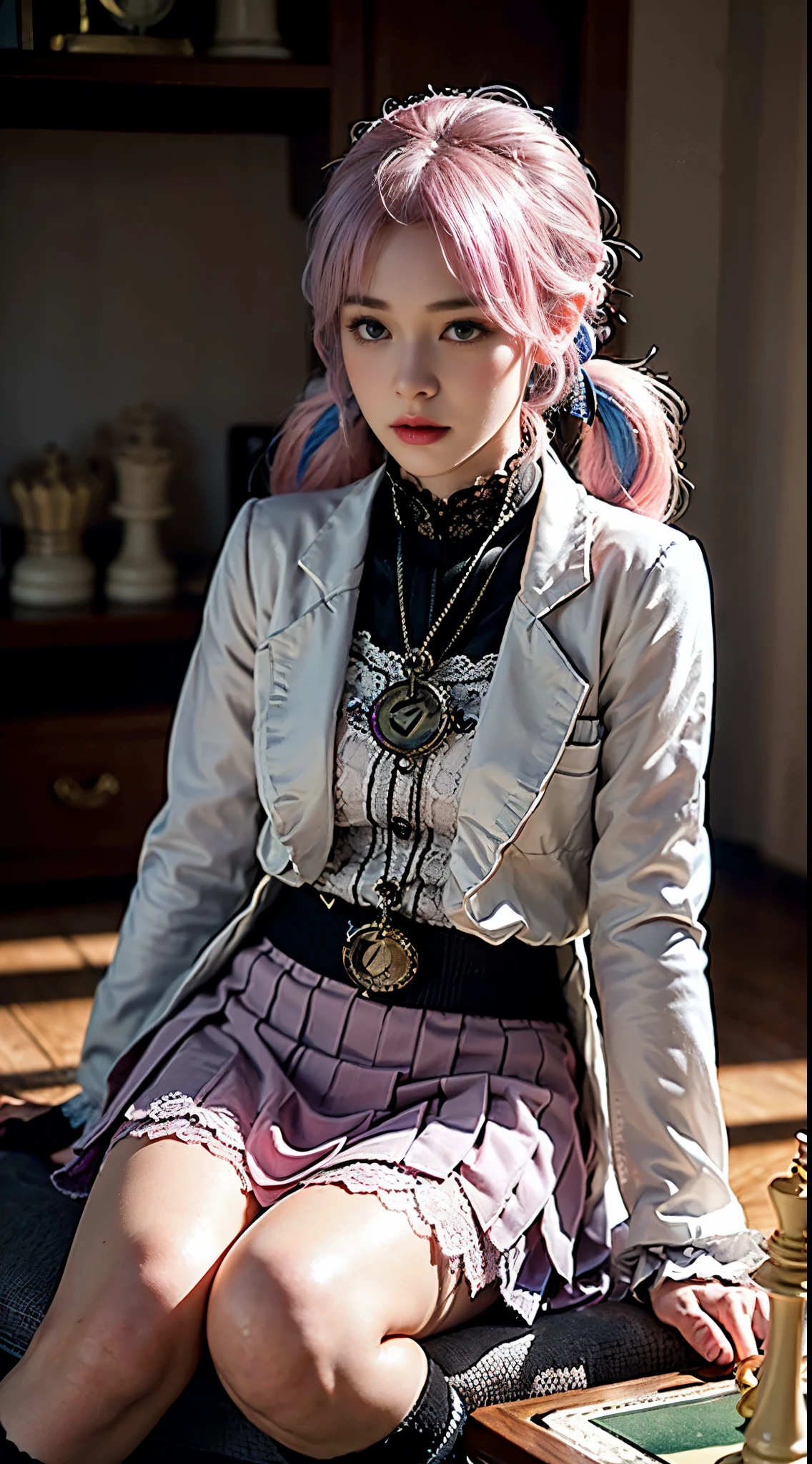 One woman, 14 years old, (((pastel tuxedo suit with lace, frills and chiffon))), (((flared mini skirt))), (((pink hair))), (((thick bangs))), (((princess cut))), (((twin-tail, twin drill))), (((black lace knee-high socks))), (((pocket watch, afternoon tea, chess))), very deep depth of field, dramatic and very dark cinematic lighting, round face, very large jewel-like dark grey eyes, long eyelashes, thin nose, small mouth, very thin lips, no makeup, clear skin without blemishes, slender body, (((very realistic photos))), (((16K, high resolution))), (((UHD))), (((top quality))), (((masterpiece))), (((super detail))), (((anatomically correct))).