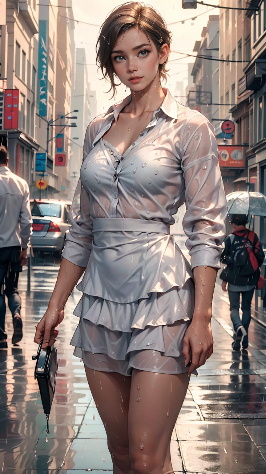 ((highest quality, 8k, masterpiece:1.3)), concentrated:1.2, Perfect body beauty:1.4, Hips:1.2, ((Layered Haircut, chest:1.2)), (Wet clothes:1.1) , (rain, street:1.3), Bandeau dress: 1.1, Highly detailed face and skin texture, Beautiful Eyes, double eyelid, White skin, Long Hair, (shut up: 1.3)