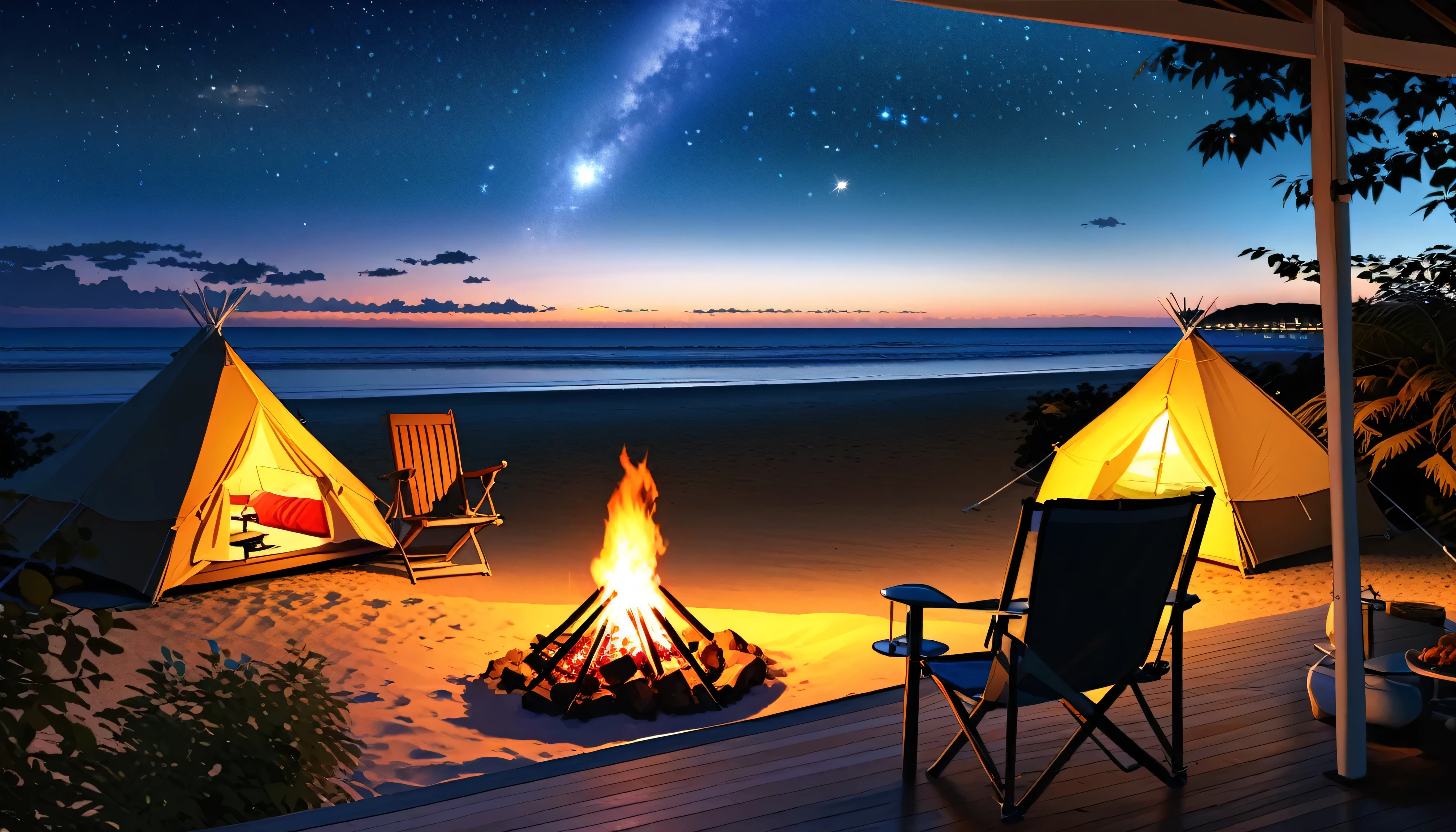 High fidelity Photograph、beach campsite、bonfire、beautiful sandy beach、The crescent moon is beautiful、tent、unburned bonfire、Grill、deck chair、starry、Quiet place、beautful view、lamplight、there was no one。