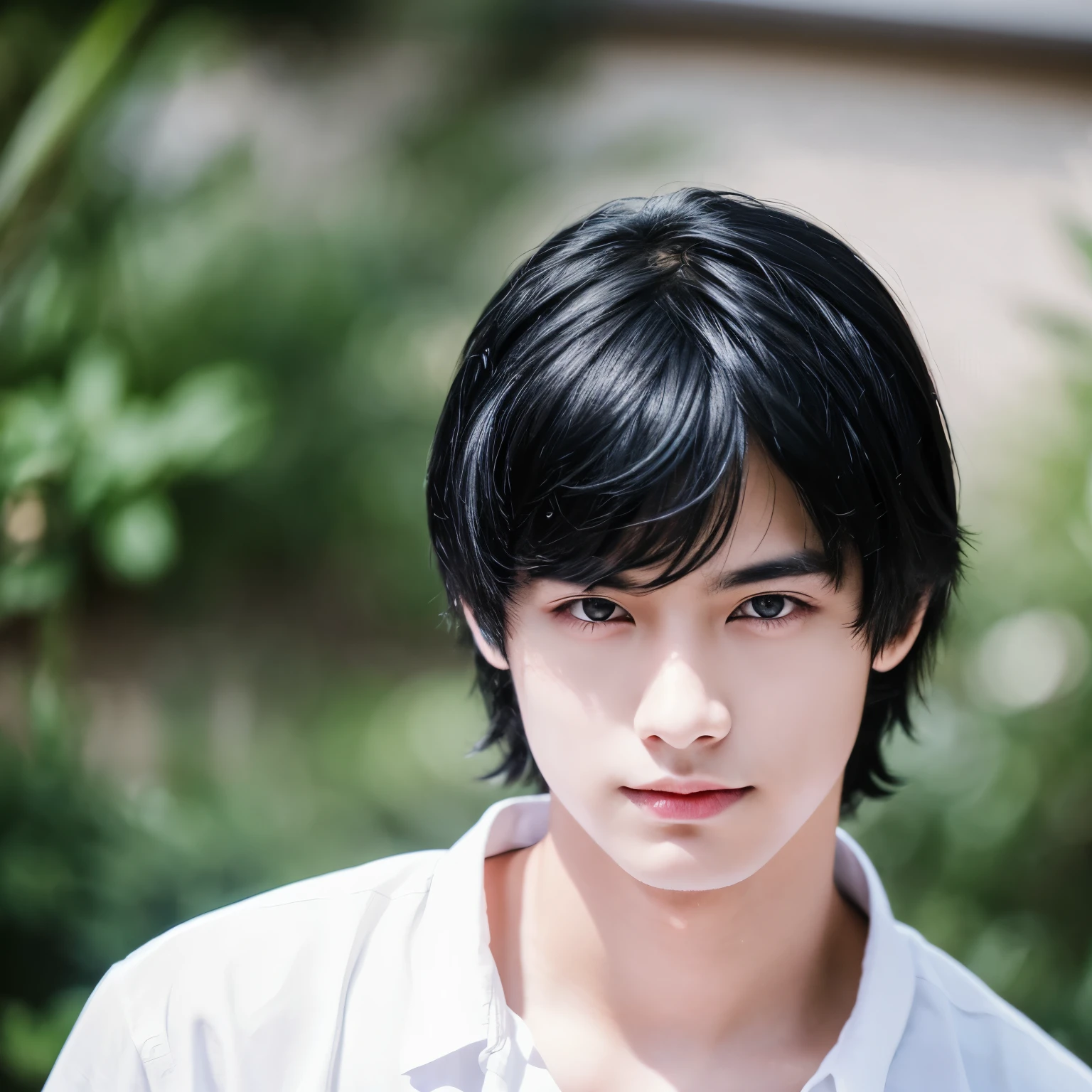 A beautiful young man with black hair and red eyes