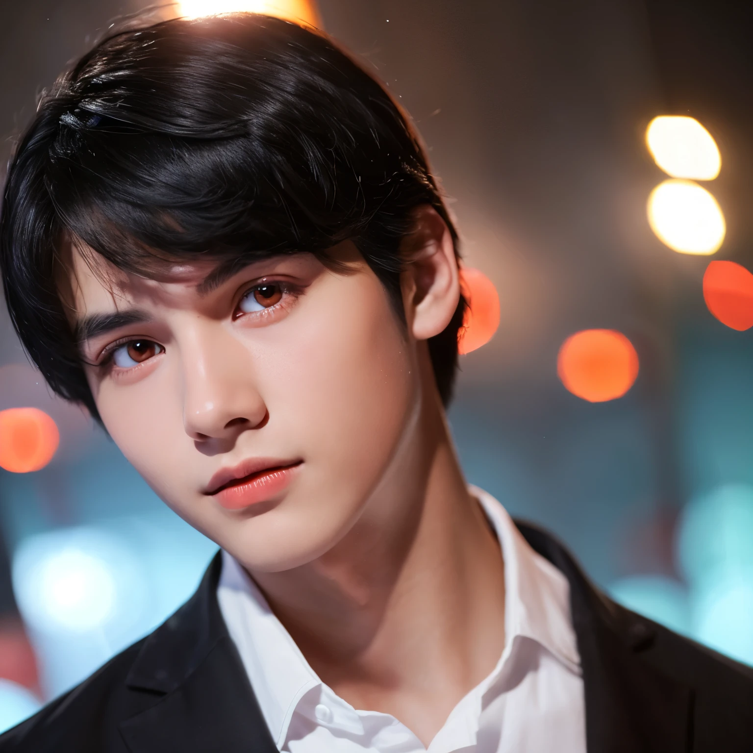 A beautiful young man with black hair and red eyes
