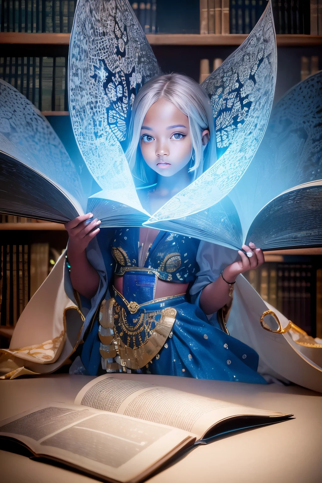 Masterpiece of holographic art, best quality presentation, African girl miniature figure, intricately dressed in paper-designed clothes, reclining on a giant open book,
Reflective words adorn her body from the book pages, glowing white in surreal imagery, dim-lit library background with a sharp focus on the girl,
Detailed holographic image, ultra-high definition, fidelity: 1.4, captivating illustration, favoring the reflective words' intricate details,
Nikon D850F / 1.2 60mm lens, professional lighting setup, physically-based rendering, RAW photo-realistic