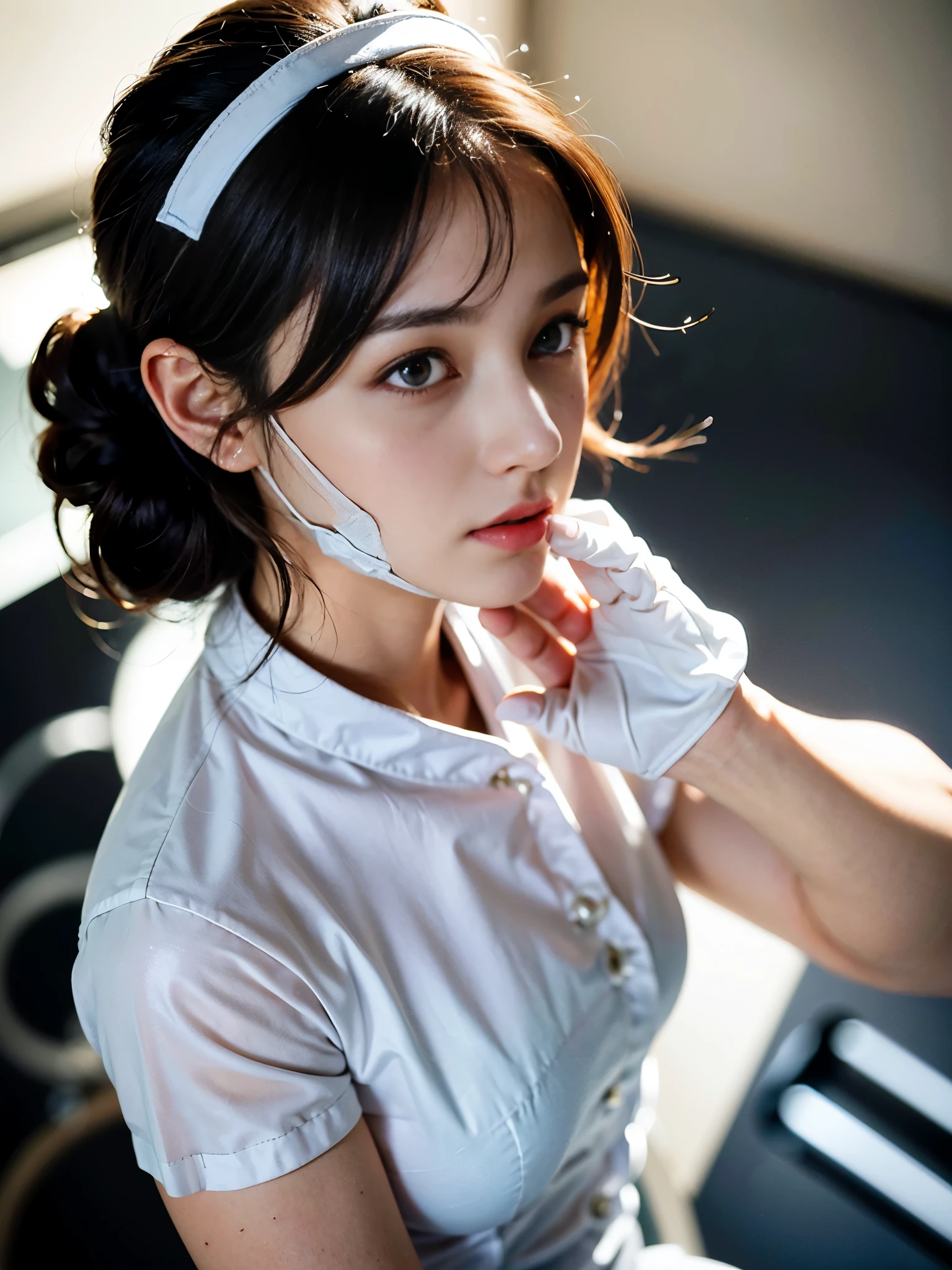 best quality, masterpiece, (realistic:1.2), front, 1 girl, 20 years old, (silhouette lighting:1.5), sobbing, light brown chignon hair with bangs, white nurse costume, white nurse cap, white gloves and mask, blue eyes, detailed face, beautiful eyes, medium breast, (wariza:1.3), from above, in hospital room