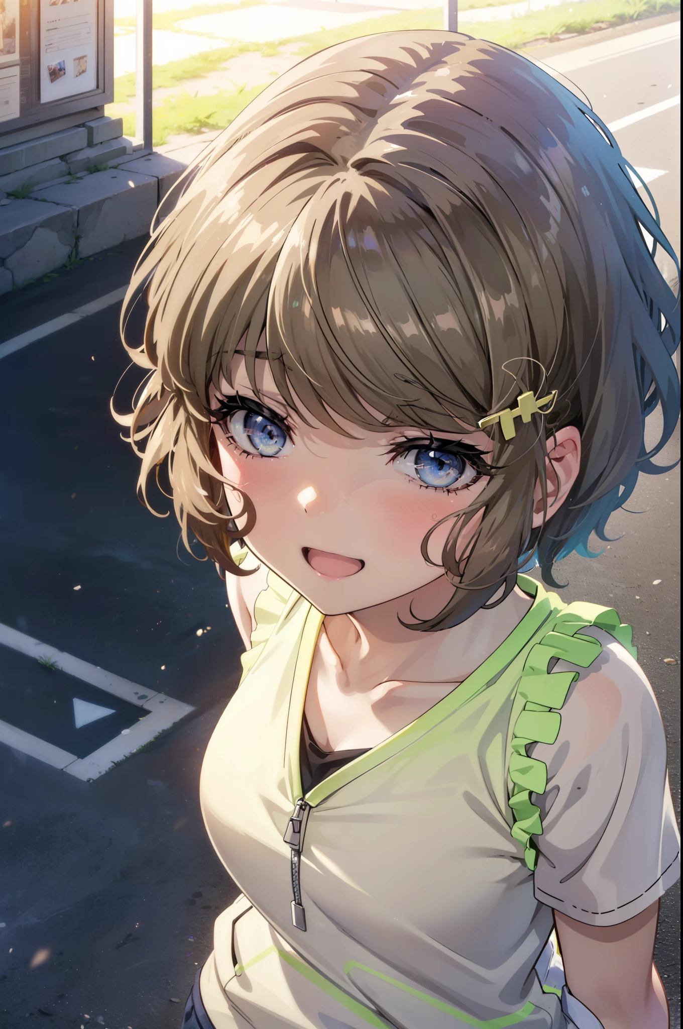 tomoekoga, Chie Koga, short hair, Brown Hair, blue eyes, happy smile, smile, Open your mouth,Baseball hats,Tank top shirt,Yellow hoodie There's space in front,Short sleeve,Shorts,Black Knee High,White high top sneakers,True Summer,Daytime,Clear skies,whole bodyがイラストに入るように,crowd, people々々
break outdoors, In town,Coastal Road,
break looking at viewer, whole body, (Cowboy Shot:1.5),
break (masterpiece:1.2), highest quality, High resolution, unity 8k wallpaper, (figure:0.8), (Beautiful fine details:1.6), Highly detailed face, Perfect lighting, Highly detailed CG, (Perfect hands, Perfect Anatomy),
