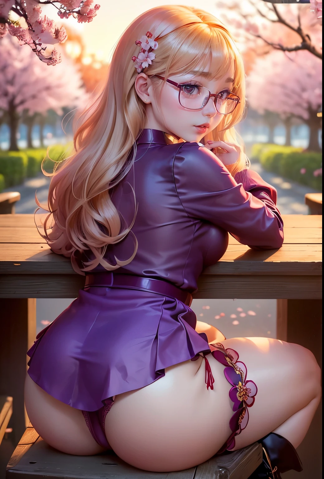 Chinese idol girl　(the face of a ),Blonde wavy hair with bangs　(Bright red rouge lips)　Big Breasts　Chubby　Plump　Super big ass　((Rimless Glasses))　　Big eyes　SakuraFubuki　((nice, Ultra-shiny purple long-skirted cheongsam))　((Knee-high boots)) garter belt　8k　Realistic　((Cherry tree in full bloom))　(A large amount of cherry blossom petals fall)　((Sunrise at dawn))　((sit with your back to the camera))　((Back view of a person sitting upright))　((Turn around and make eye contact))　((Sit with your butt sticking out))(((Removed panties)))