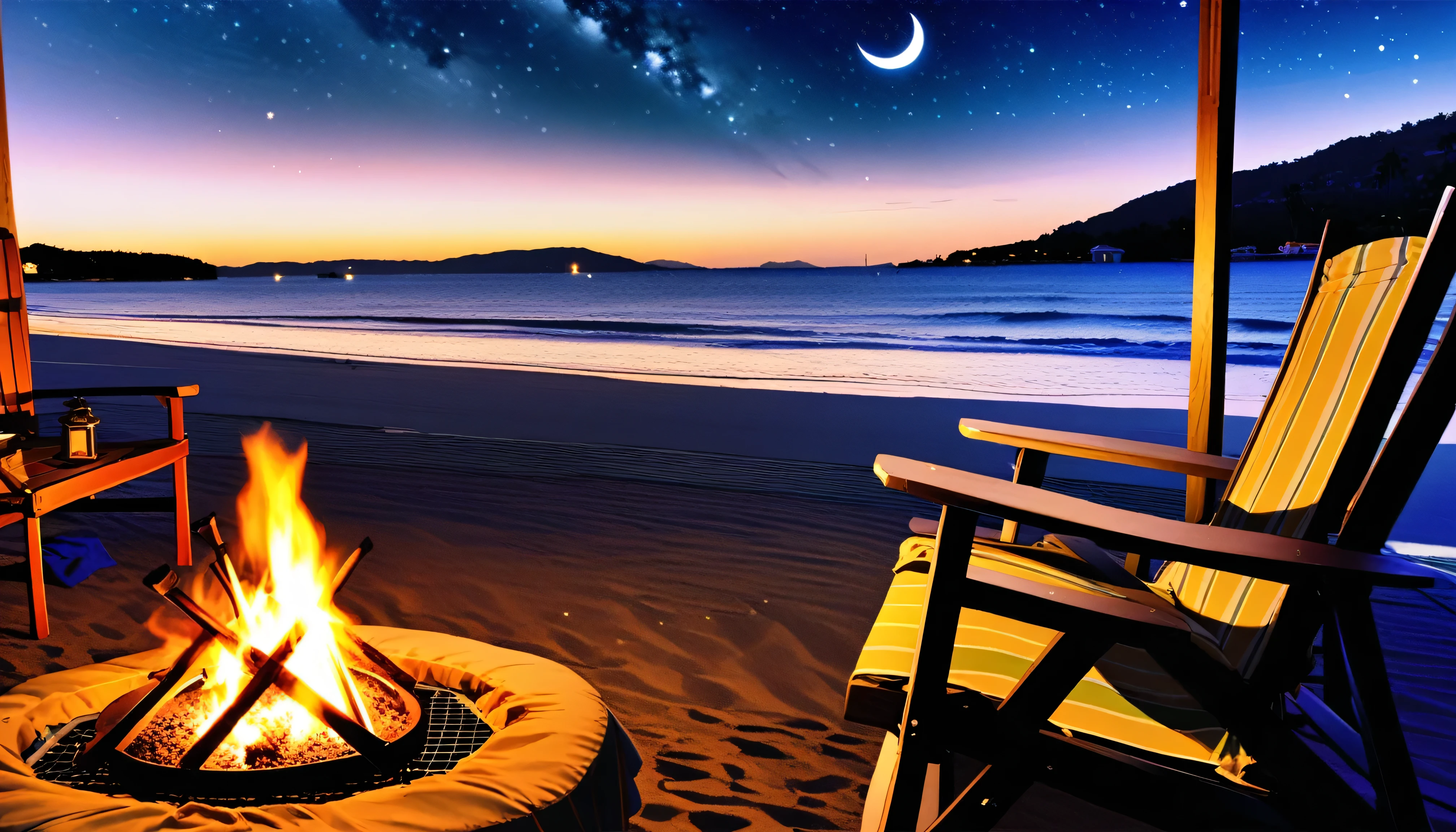 High fidelity Photograph、beach campsite、bonfire、beautiful sandy beach、The crescent moon is beautiful、tent、unburned bonfire、Grill、deck chair、starry、Quiet place、beautful view、lamplight、there was no one。