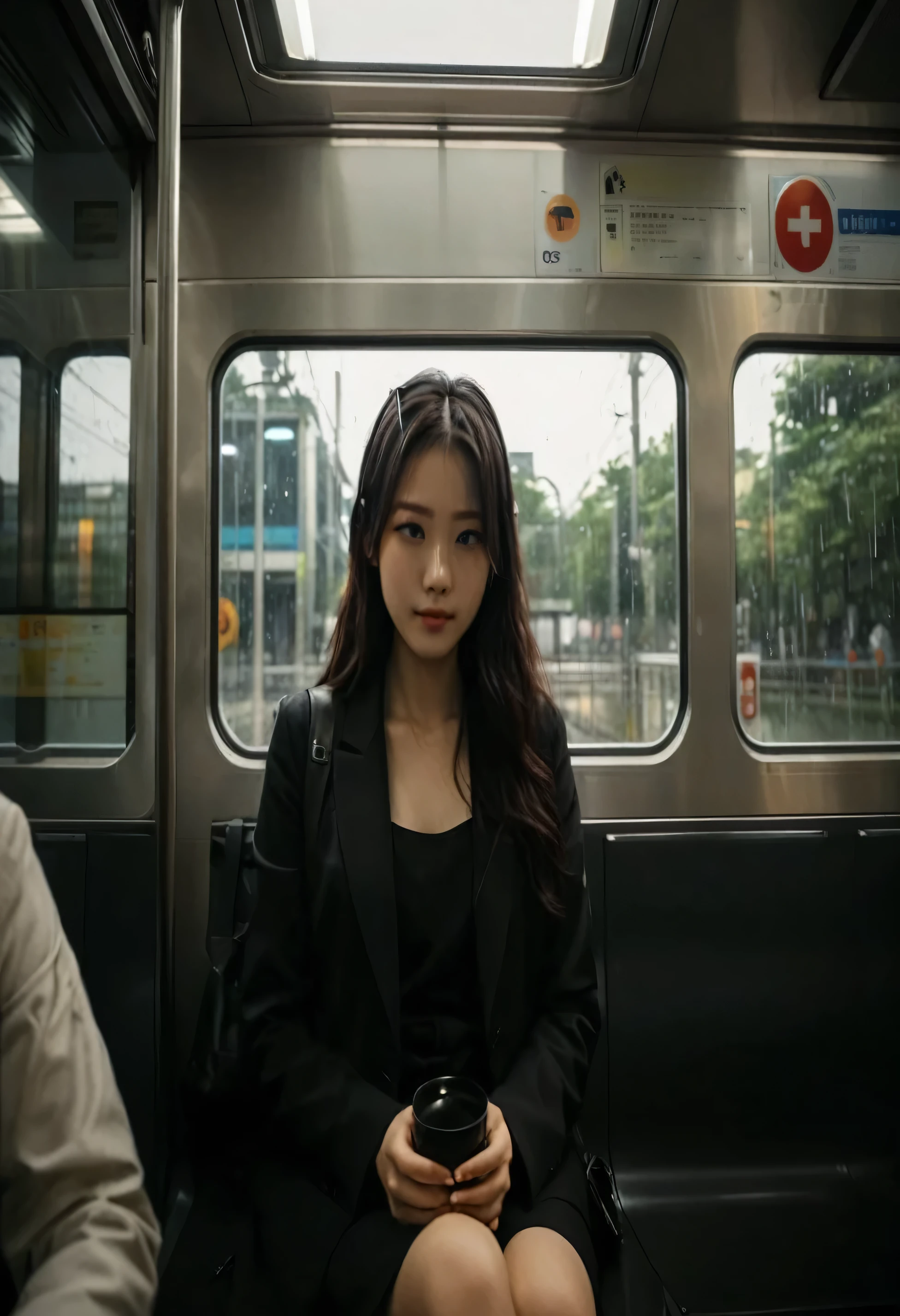 A girl wearing black suit sitting in metro/train having hot coffee listening to music vibing the natureal view outside and for outside scenario I would prefer rainy and lots of trees like Japanese anime