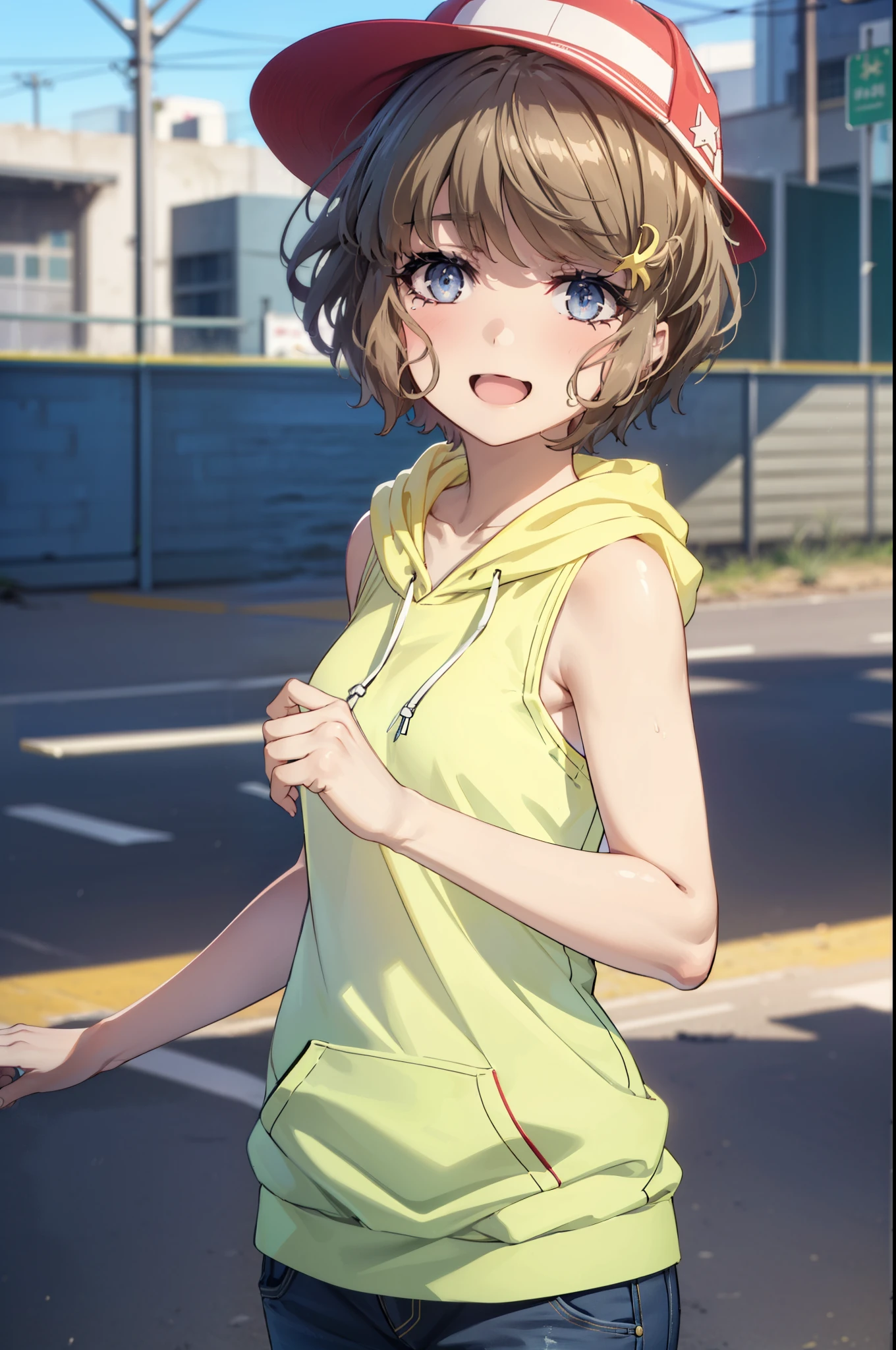 tomoekoga, Chie Koga, short hair, Brown Hair, blue eyes, happy smile, smile, Open your mouth,Baseball hats,Tank top shirt,Yellow hoodie There's space in front,Short sleeve,Shorts,Black Knee High,White high top sneakers,True Summer,Daytime,Clear skies,whole bodyがイラストに入るように,crowd, people々々
break outdoors, In town,Coastal Road,
break looking at viewer, whole body, (Cowboy Shot:1.5),
break (masterpiece:1.2), highest quality, High resolution, unity 8k wallpaper, (figure:0.8), (Beautiful fine details:1.6), Highly detailed face, Perfect lighting, Highly detailed CG, (Perfect hands, Perfect Anatomy),