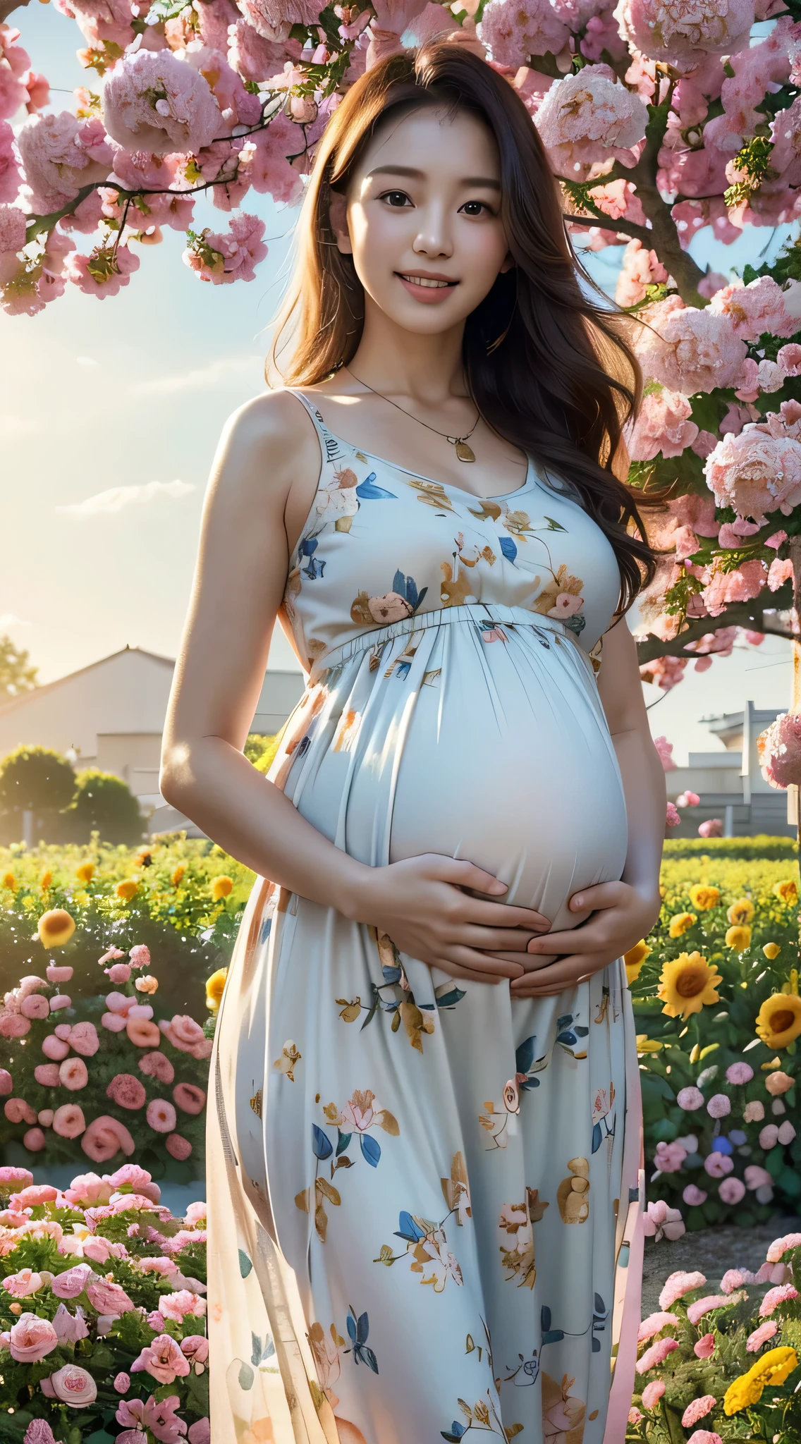 ((Pregnant women,pregnancy,pregnancy Woman,pregnancy,pregnancy Woman,Big Belly,Very big belly)),Please laugh here,Have a look at this,Looking at the camera,Laughter,smile,Laughter,(highest quality、High resolution、masterpiece:1.3)、highest quality, One Girl、Dynamic Angle、Flower Field,Colorful garden,(garden:1.4)prospect、Floral Dress、Light Tracing、(Floating colorful wind:1)(Realistic:1.4)、Official Art、Unity8k wallpaper、Ultra-detailed、Beautiful and beautiful、masterpiece、highest quality、Glowing Skin、A light smile、necklace、Malay Woman、Large Breasts、