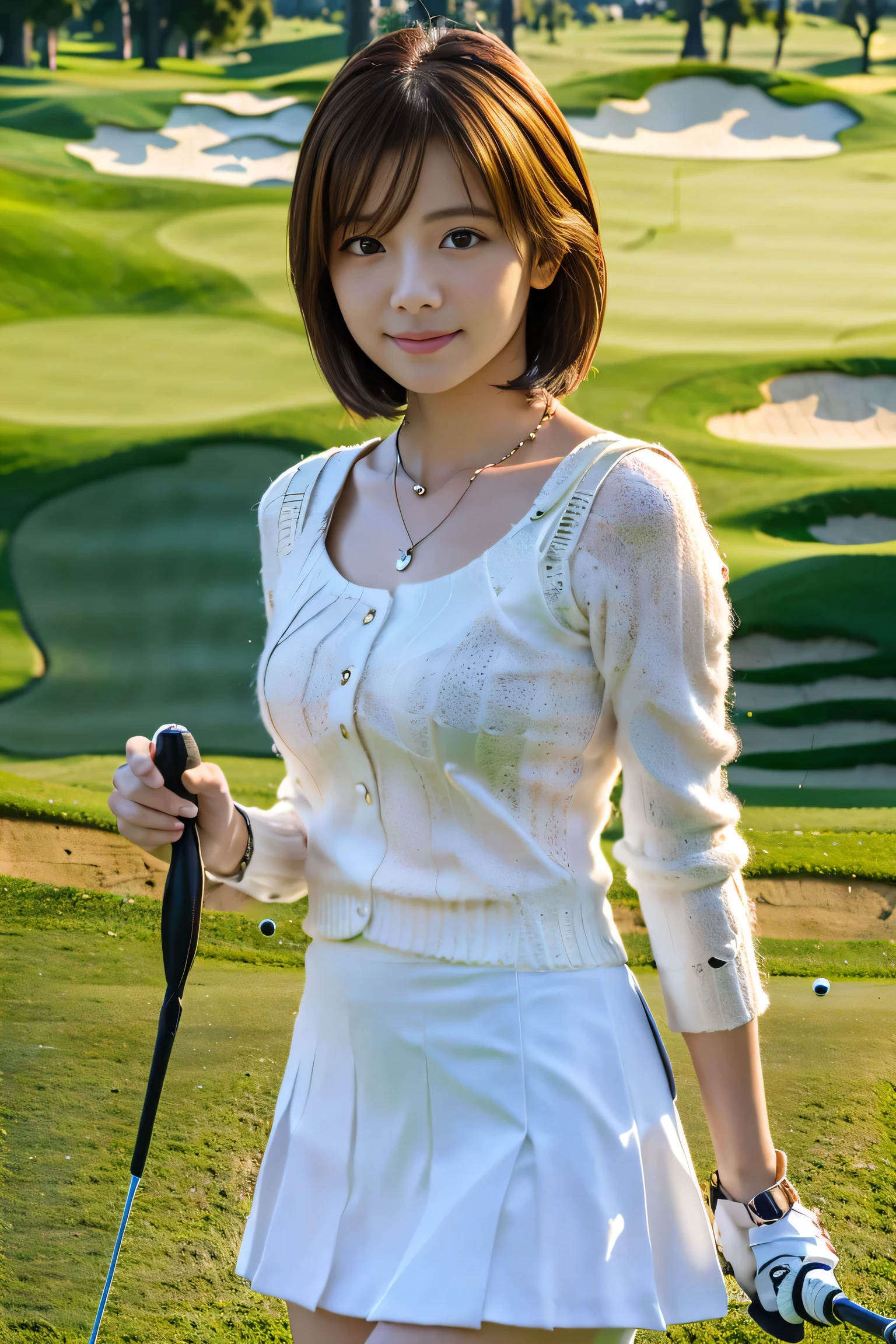 (1. Female), (The best quality at its best:1.4), (Super detailed), (Very detailed CG unified 16k), Beautiful woman with perfect figure: 1.4, Sharp focus: 1.2, Very detailed, High-quality RAW color photos, Professional photography, Great face and eyes, cosmetics, (Amazingly beautiful girl), ((Golf Wear, White mini skirt:1.5)), (Picking up the ball:1.5), Sexy posture,(Playing on the golf course:1.3), (View from below), Realistic movie faces, Wide zoomed out view of head to foot length, Full body long view, Realistic, ((Realistic natural orange red hairstyle, Realistic blue eyes)), ( Short Bob Hair:1.5), (necklace:1.5)、, Very beautiful face, Perfect model beauty, Mouth swelling, Highly detailed face and skin texture, Fine grain, double eyelid, Medium chest, smile, Crack, west, (masterpiece), highest quality, High resolution, Very detailed, Blurred Background, Depth of written boundary, Cinema Lighting, Great legs, , Clear, well-maintained skin, (((Women make up the majority of the photo)))