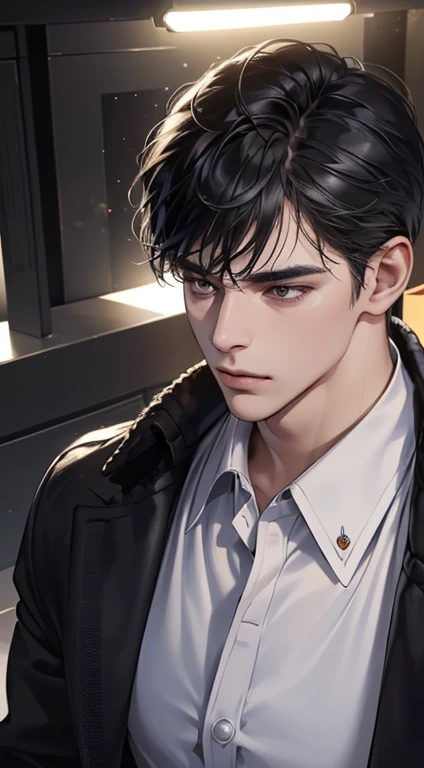 (best quality, masterpiece, 8K, photorealistic, cinematic lighting, 1:4 hdr image, top view, ultra detailed, beautiful image), a mature man, very handsome, short black hair, black eyes, perfect face without errors , ((buttoning his jacket, CEO))