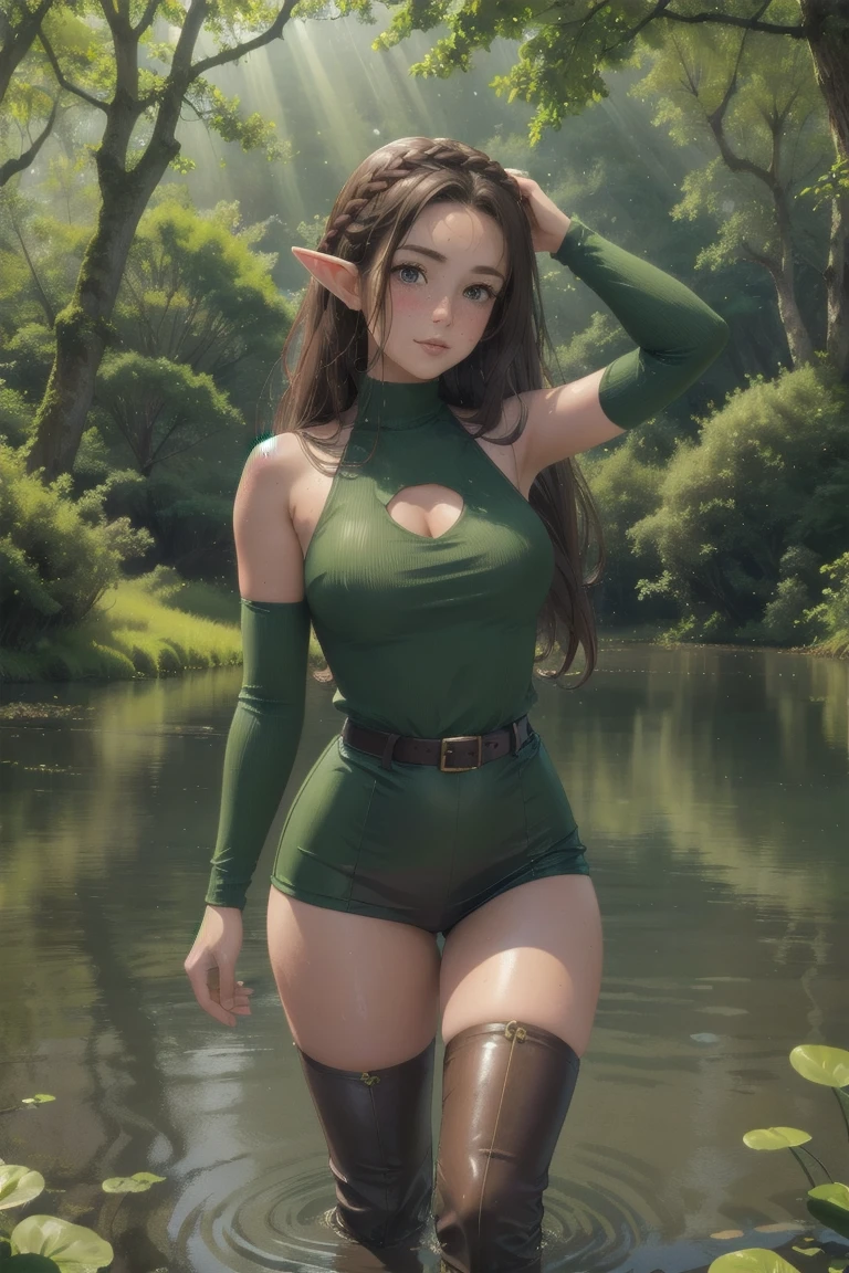 elf girl, master piece, mountains, forest, chilling in lake, thigh deep in water, walking to viewer, leather straps, one piece green sweater, blushing, freckles, wide hips, slim waist, thick thighs, hourglass shape, masterpiece, best quality, sfw, mature 26 year old woman, eleagant lake, tranquility fills the morning air, dew on trees and lake, slightly foggy, brown hair, thigh high leather boots, standing in water, moist face, bare shoulders, sleeveless top, leather belt, vast open lake, vary large lake, beutiful reflection, god rays coming through clouds, wavy hair, mouth open, shiny. lips, mist and dew elegantly falling over lake, slightly overcast, braided hairband, beutiful round eyes, very early in the morning, doe eyes, inocent, content, peaceful happy